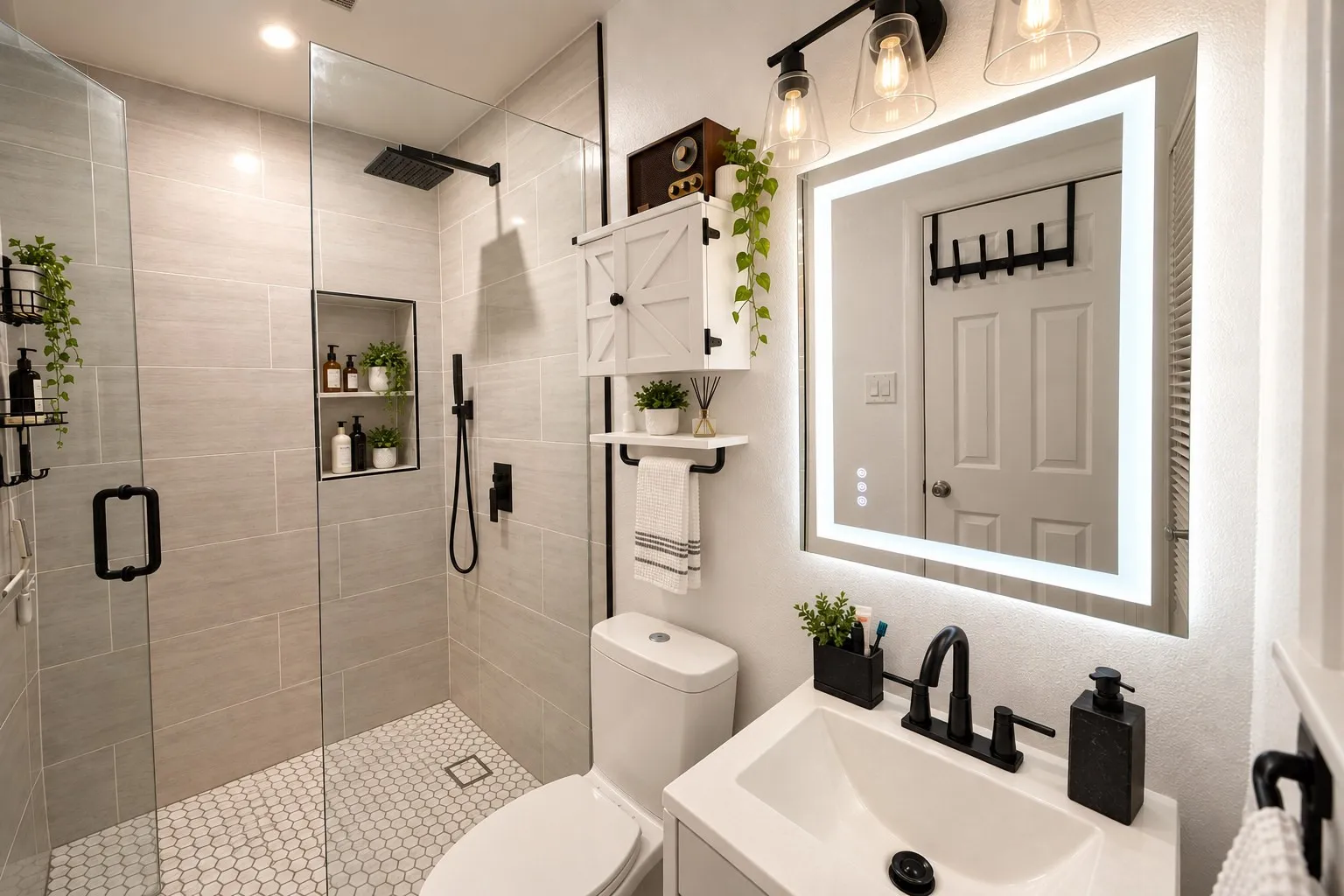 Walk-in shower with a glass enclosure, black-finish fixtures, and a tiled shower niche