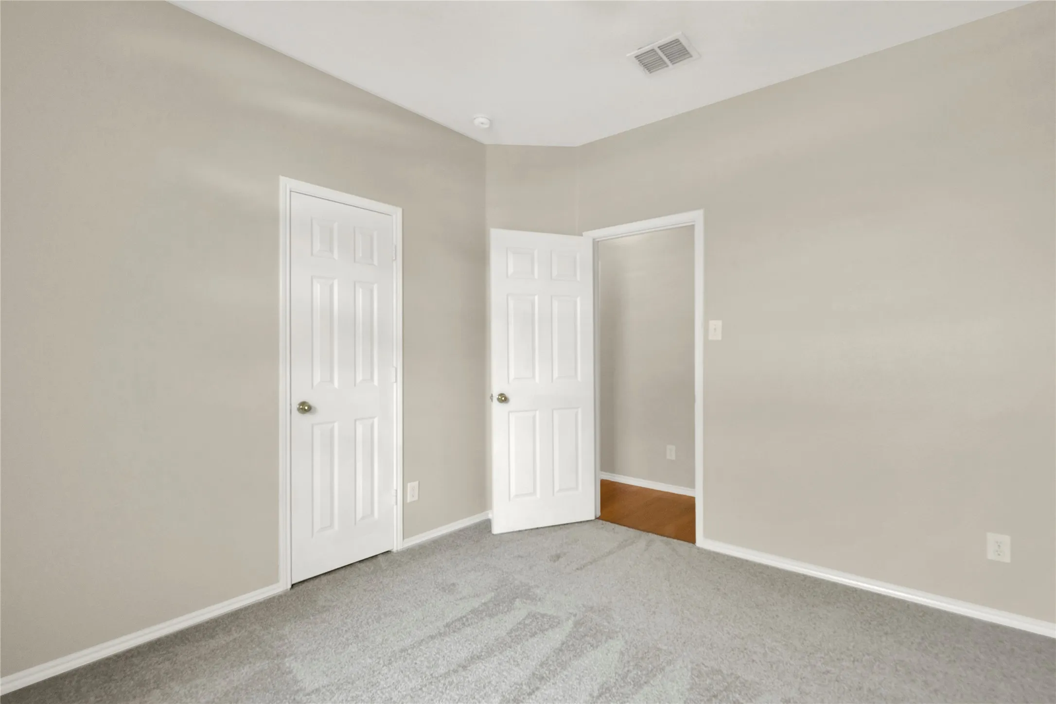 Plush gray carpeting, neutral wall palette, white paneled doors, and white trim