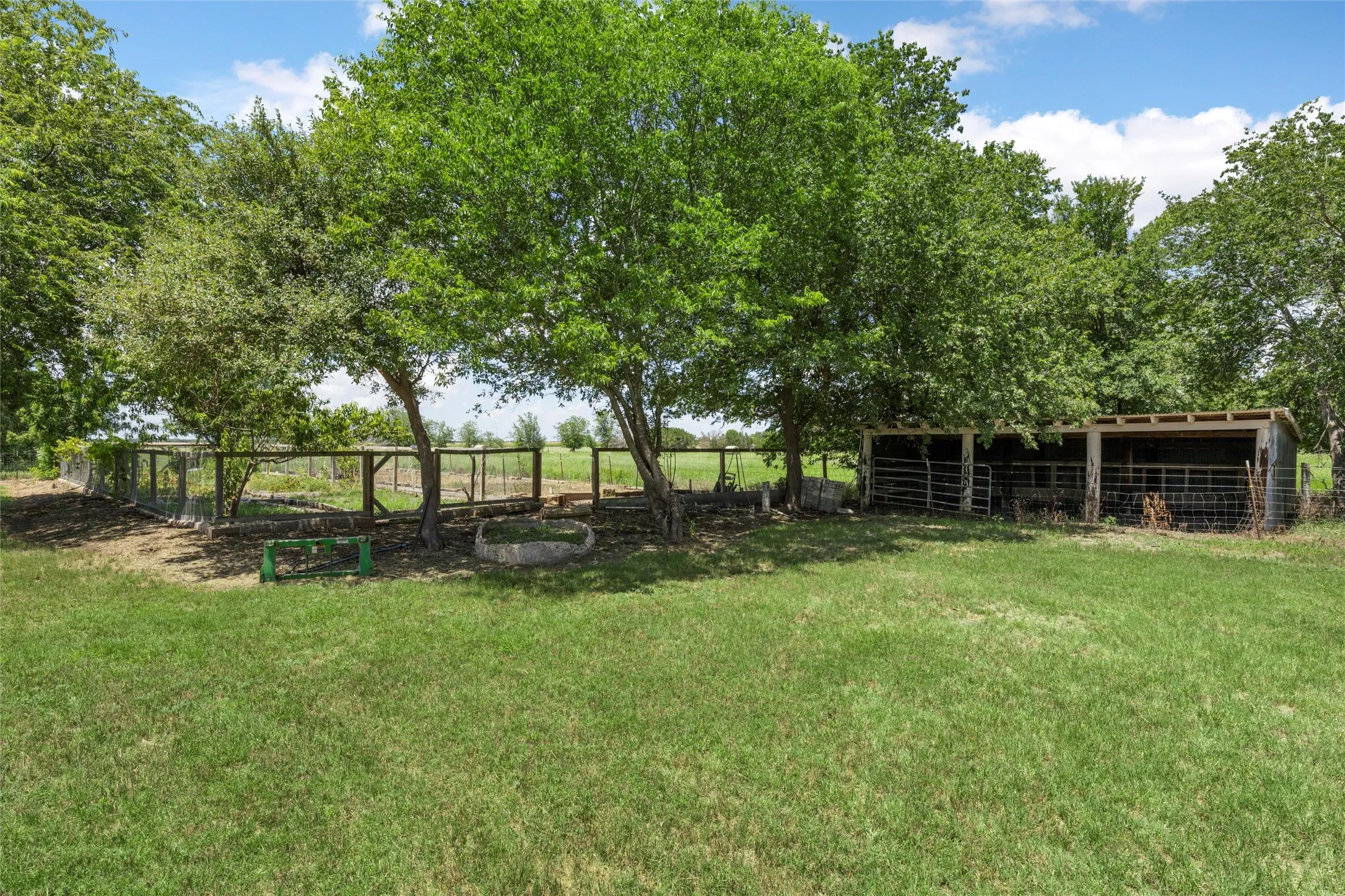 Expansive grassy area with mature trees, fenced enclosures, and a multi-stall shed structure