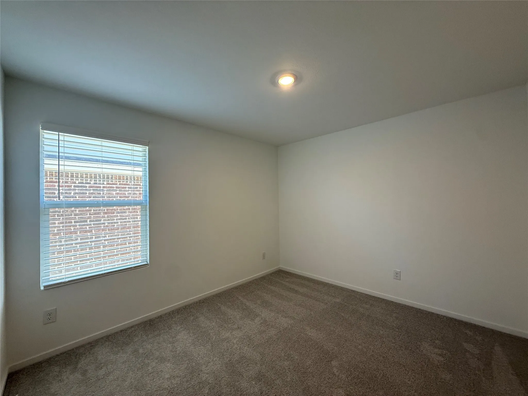 Neutral wall paint with carpet flooring, a window with horizontal blinds, and a flush mount ceiling light