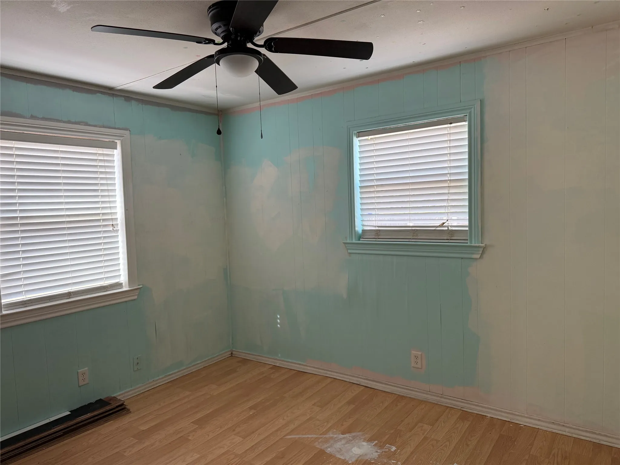 Wood-finish flooring with white trim
