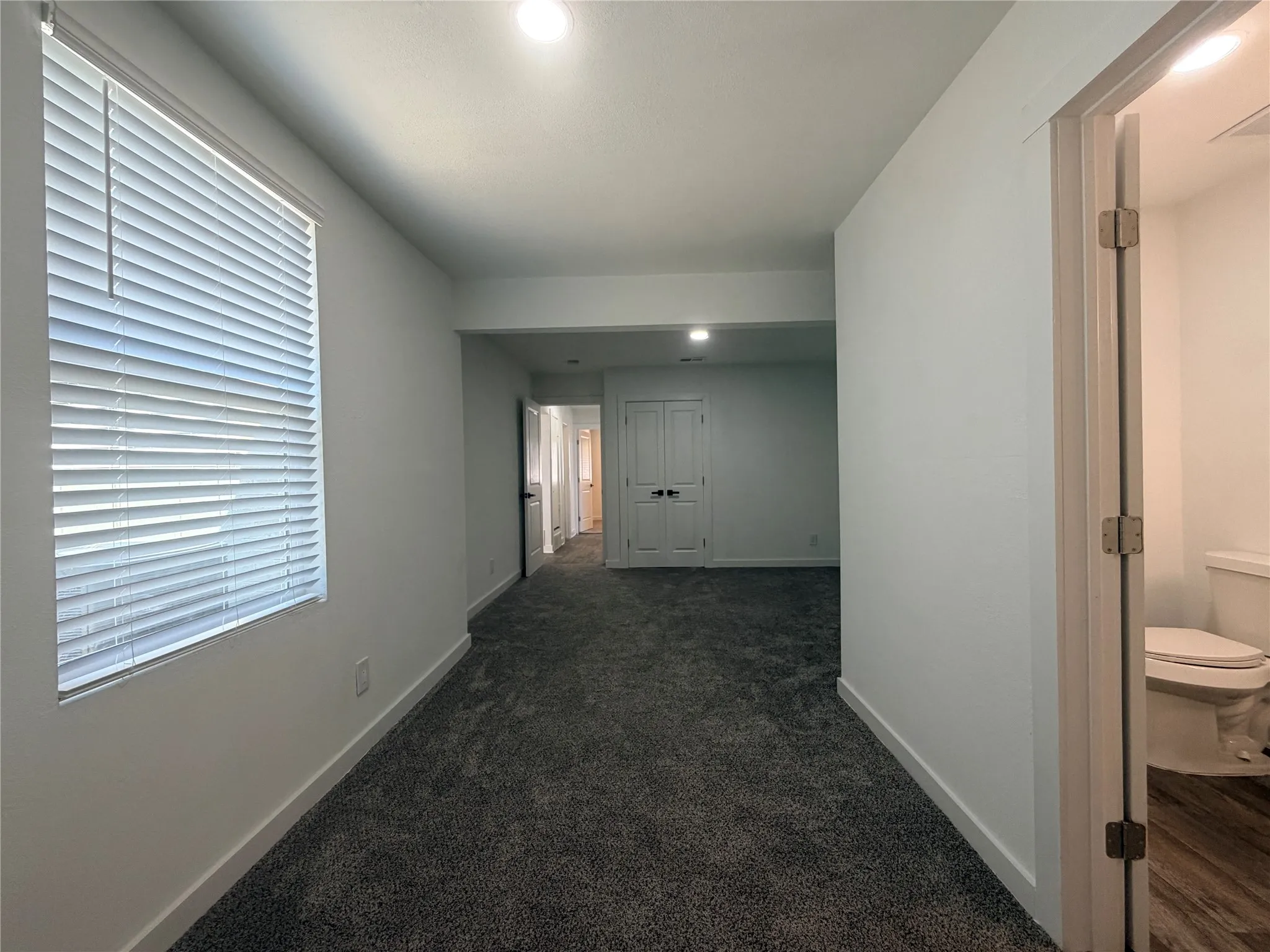 Soft gray carpeting, white walls, recessed lighting, white window blinds, and a white toilet with wood-finish flooring