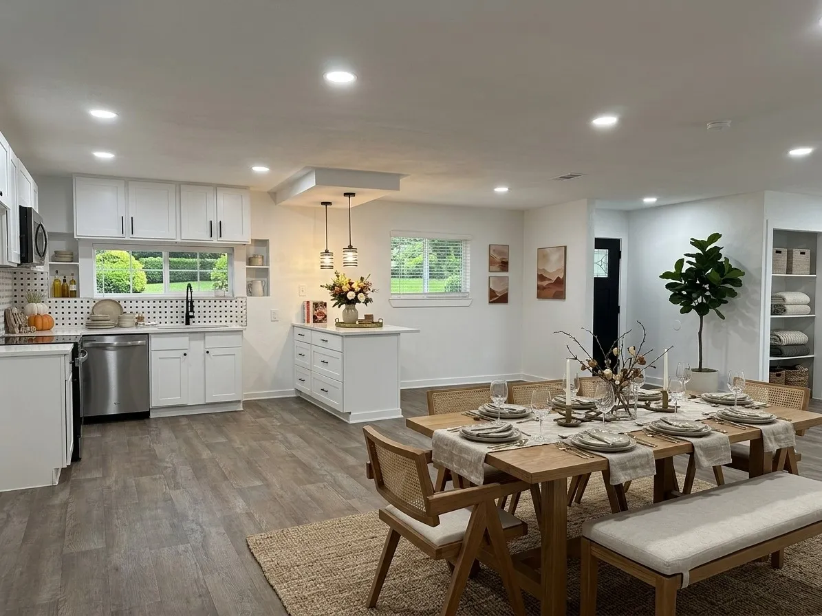 Open-concept living area featuring wood-finish flooring, recessed lighting, and a kitchen with white cabinetry and stainless steel appliances