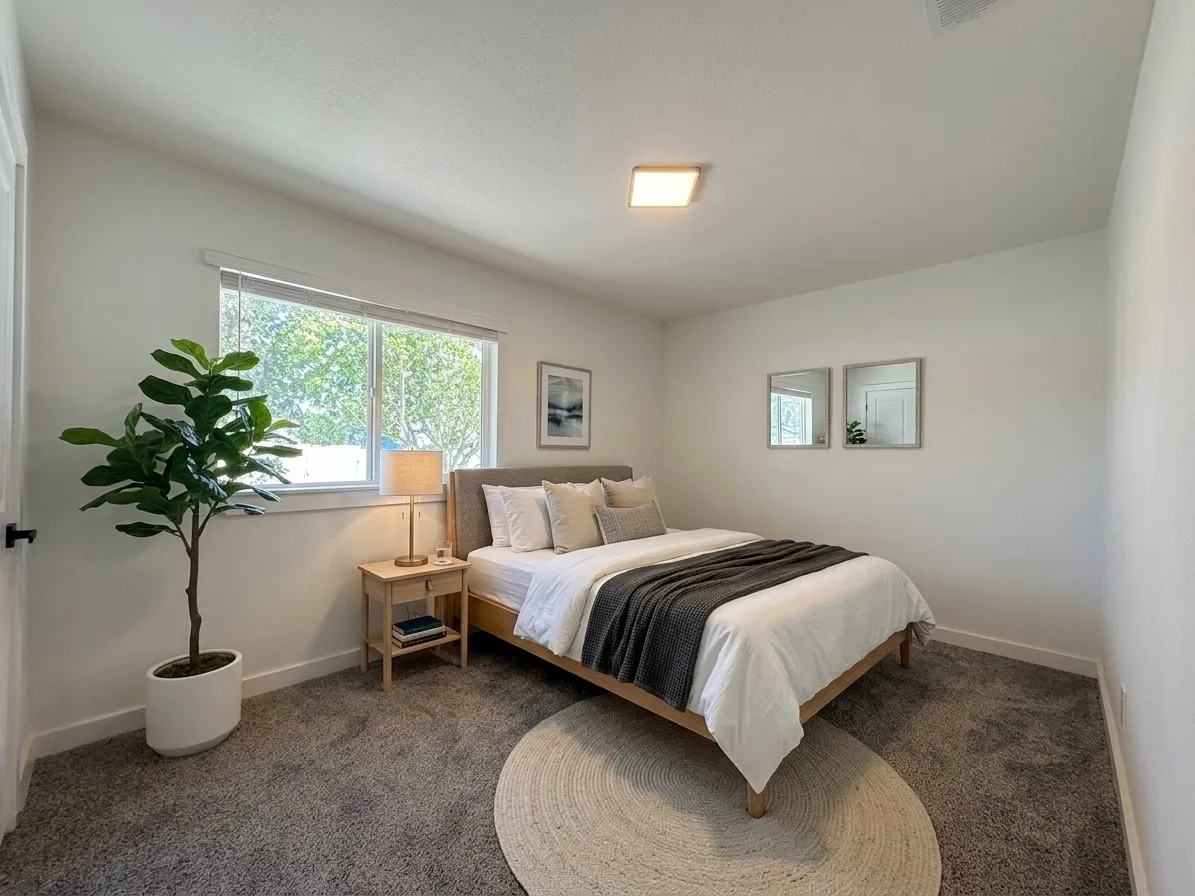 Room featuring a window, neutral-toned carpet, and a flush-mount ceiling light