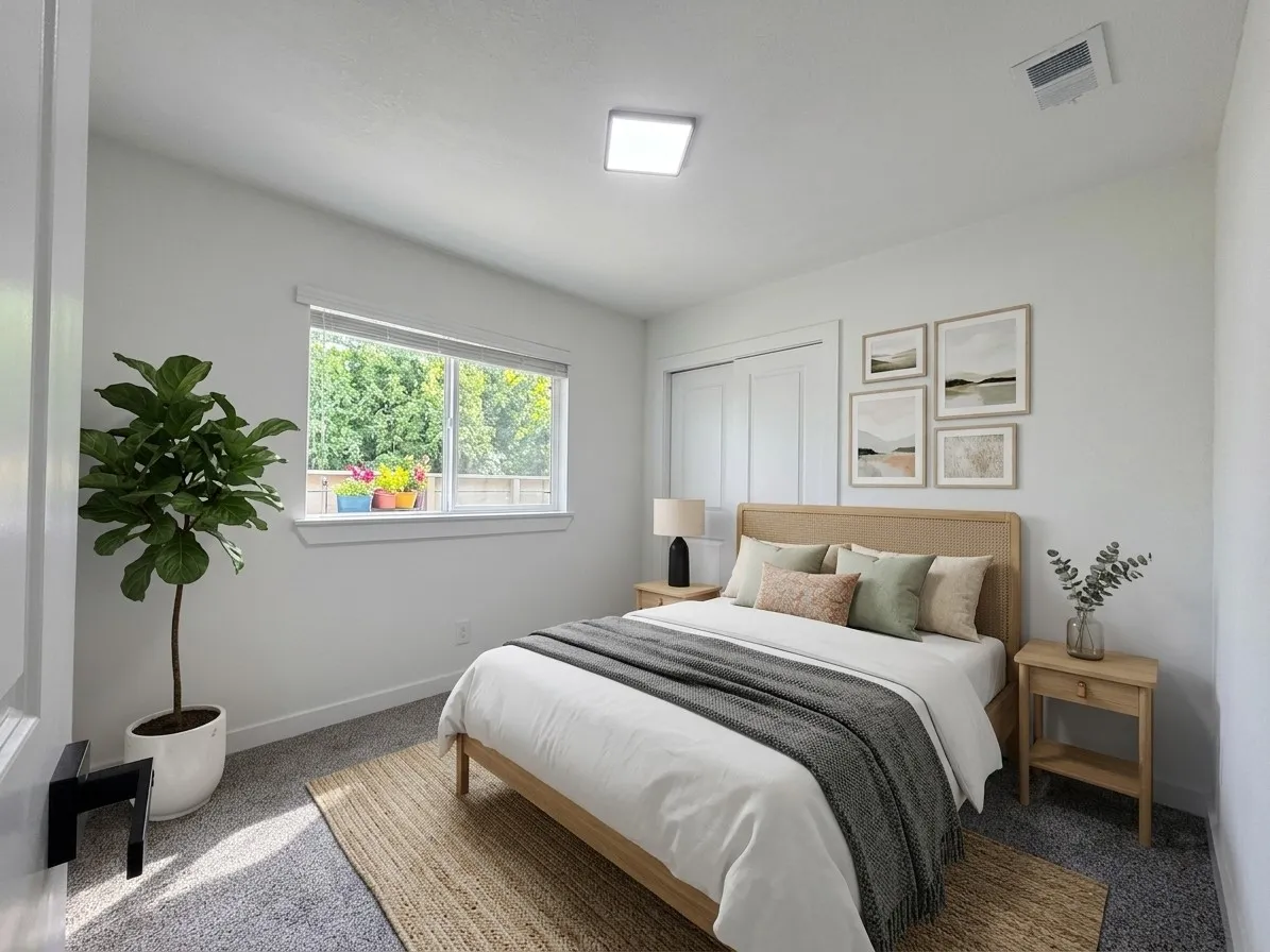 Wall-to-wall carpeting, window with blinds, and white bi-fold closet doors