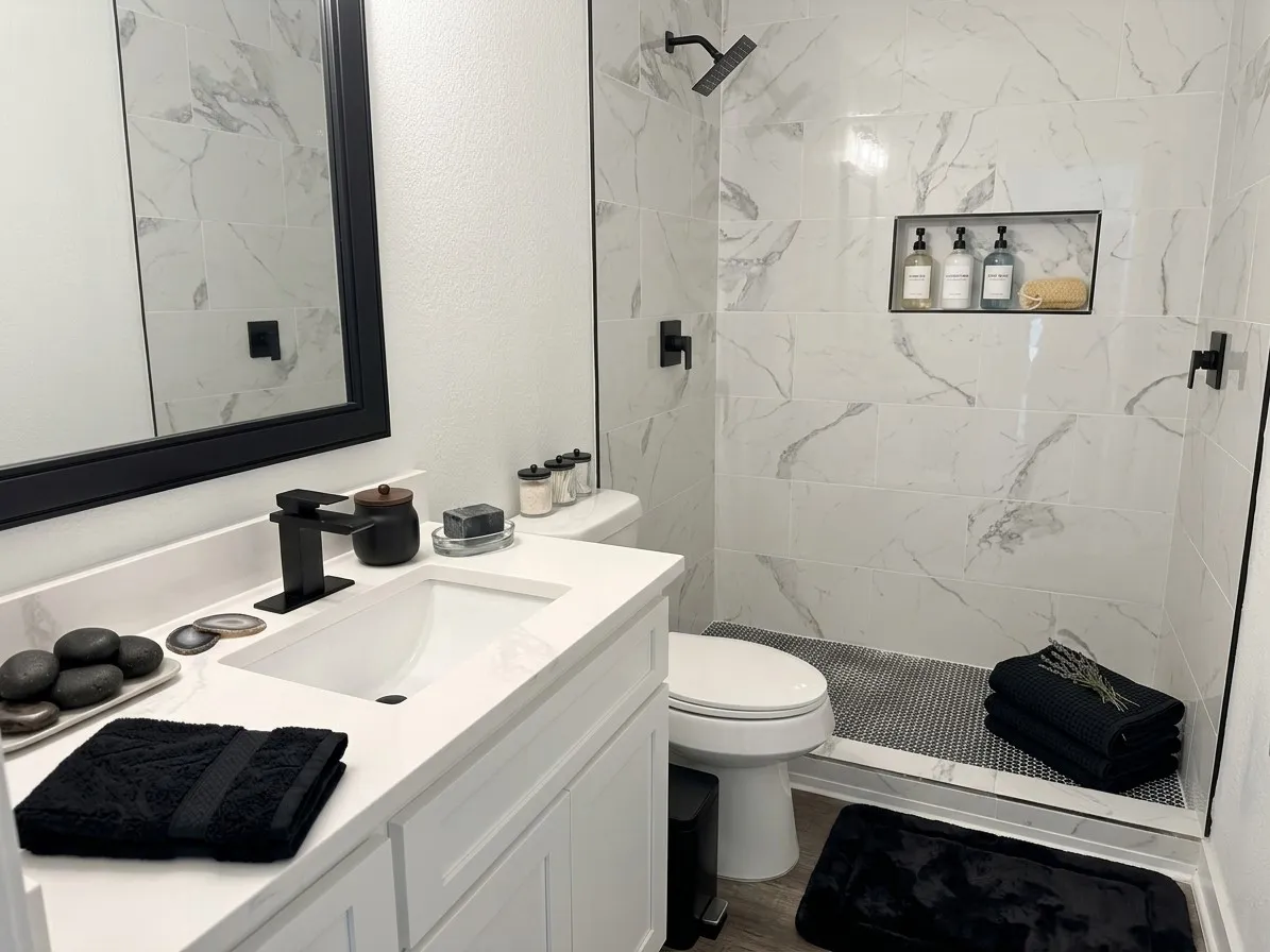 White vanity with integrated sink and matte black faucet, framed mirror, and tiled shower with built-in niche
