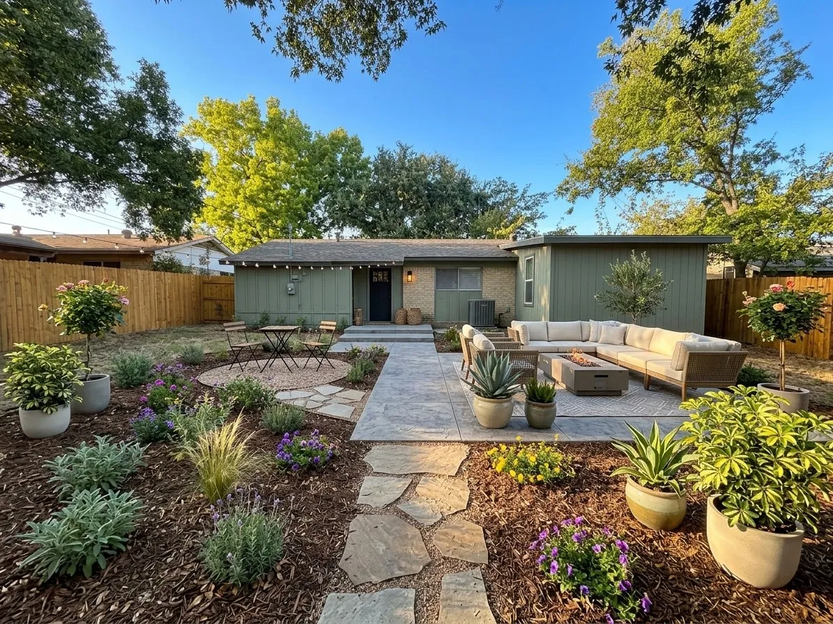 Expansive backyard featuring a stone paver patio, a gravel seating area, a wood chip garden bed with diverse plantings, and a privacy fence
