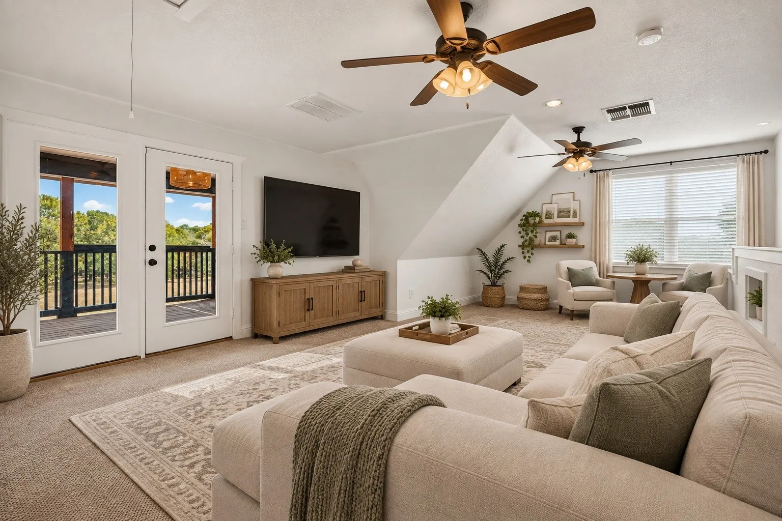 Carpeted upper-level bonus room with sloped ceiling, two ceiling fans with lighting, and multiple windows. Virtually staged using AI.
