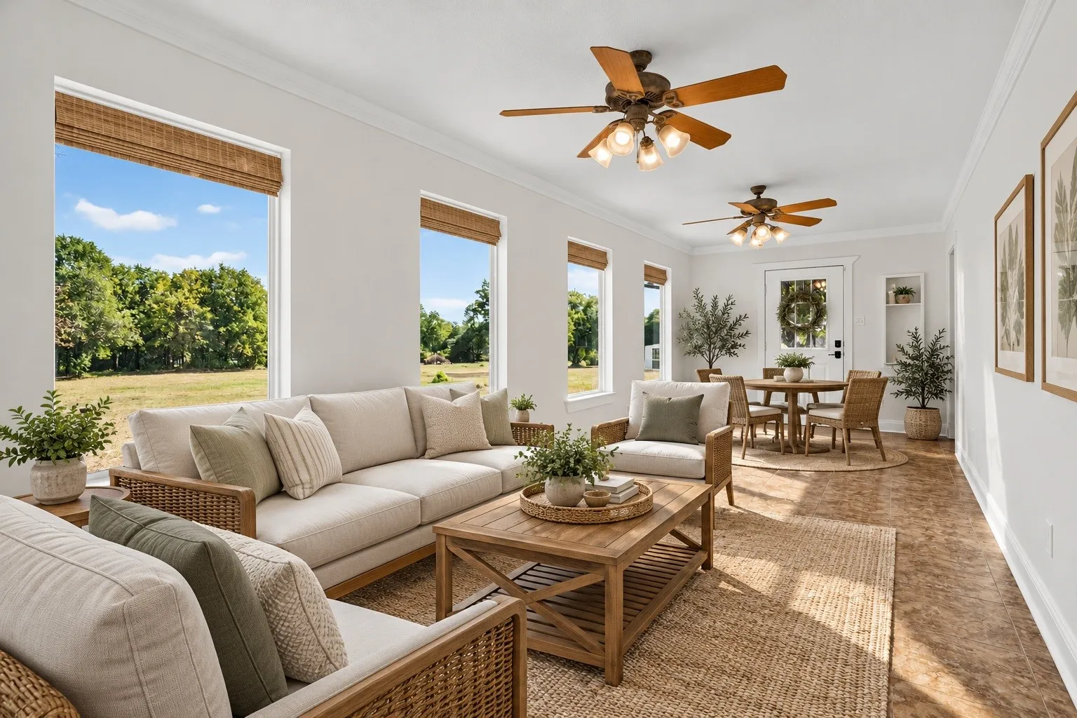 Expansive sun room with multiple windows, two ceiling fans, and an integrated dining space. Virtually staged using AI.