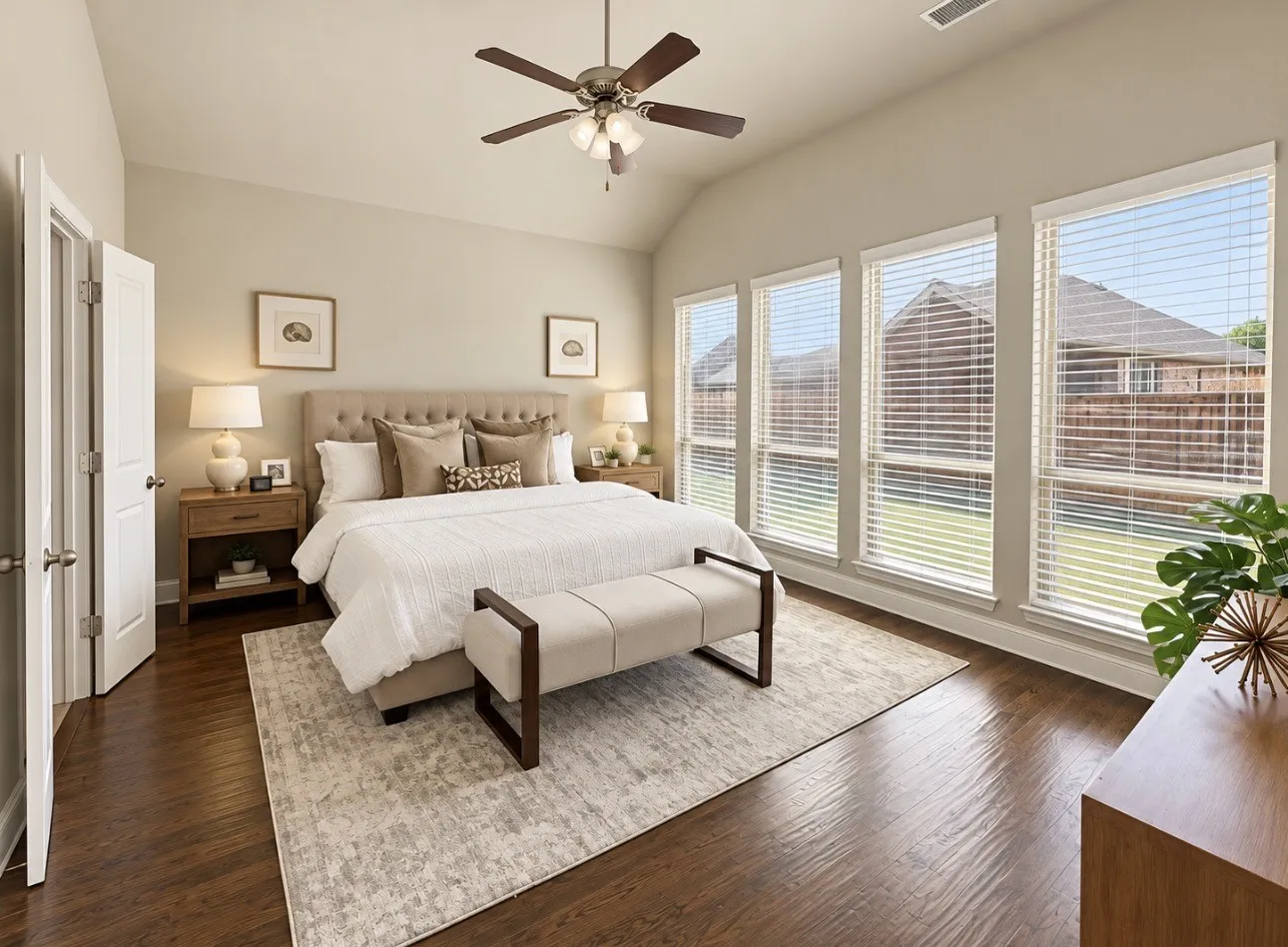 Vaulted ceiling with a ceiling fan, wood-finish flooring, four expansive windows, light-toned walls, and white trim