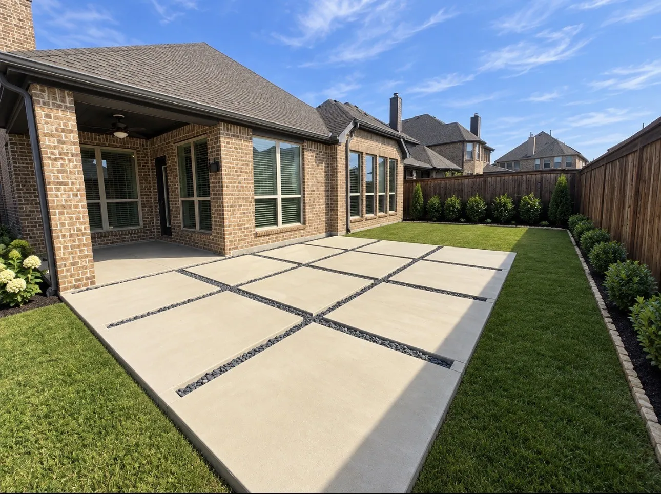 Expansive backyard featuring a manicured lawn, a large paver patio with decorative stone accents, a covered patio with a ceiling fan, and privacy fencing
