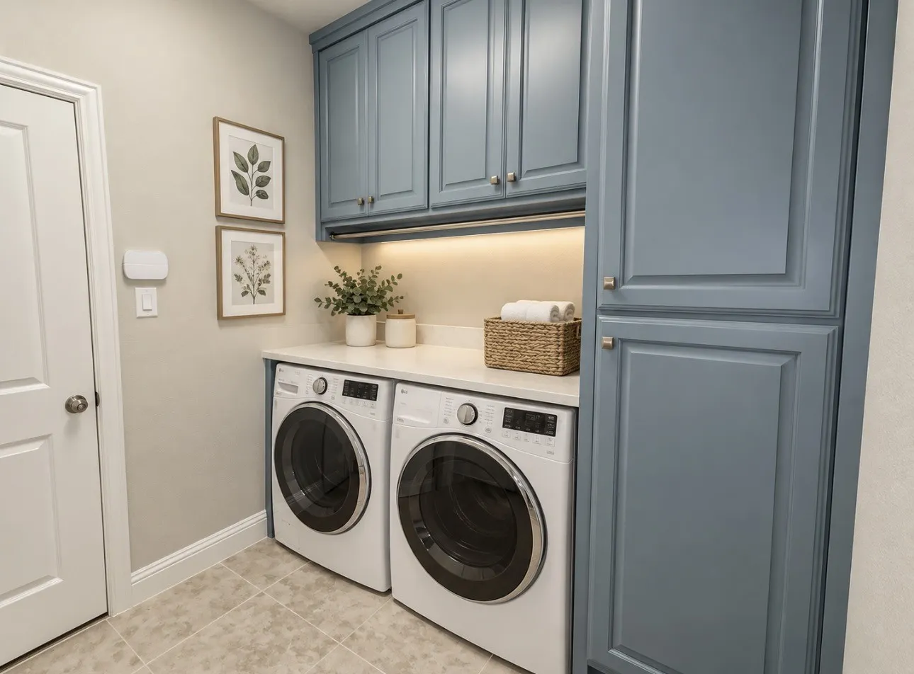 Custom blue cabinetry, undermount lighting, white countertop, tile flooring, and a white paneled door