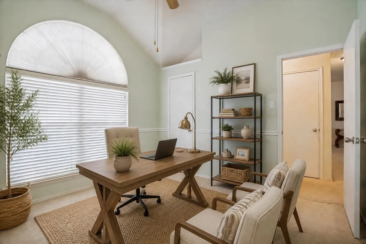 Bedroom virtually staged as an office