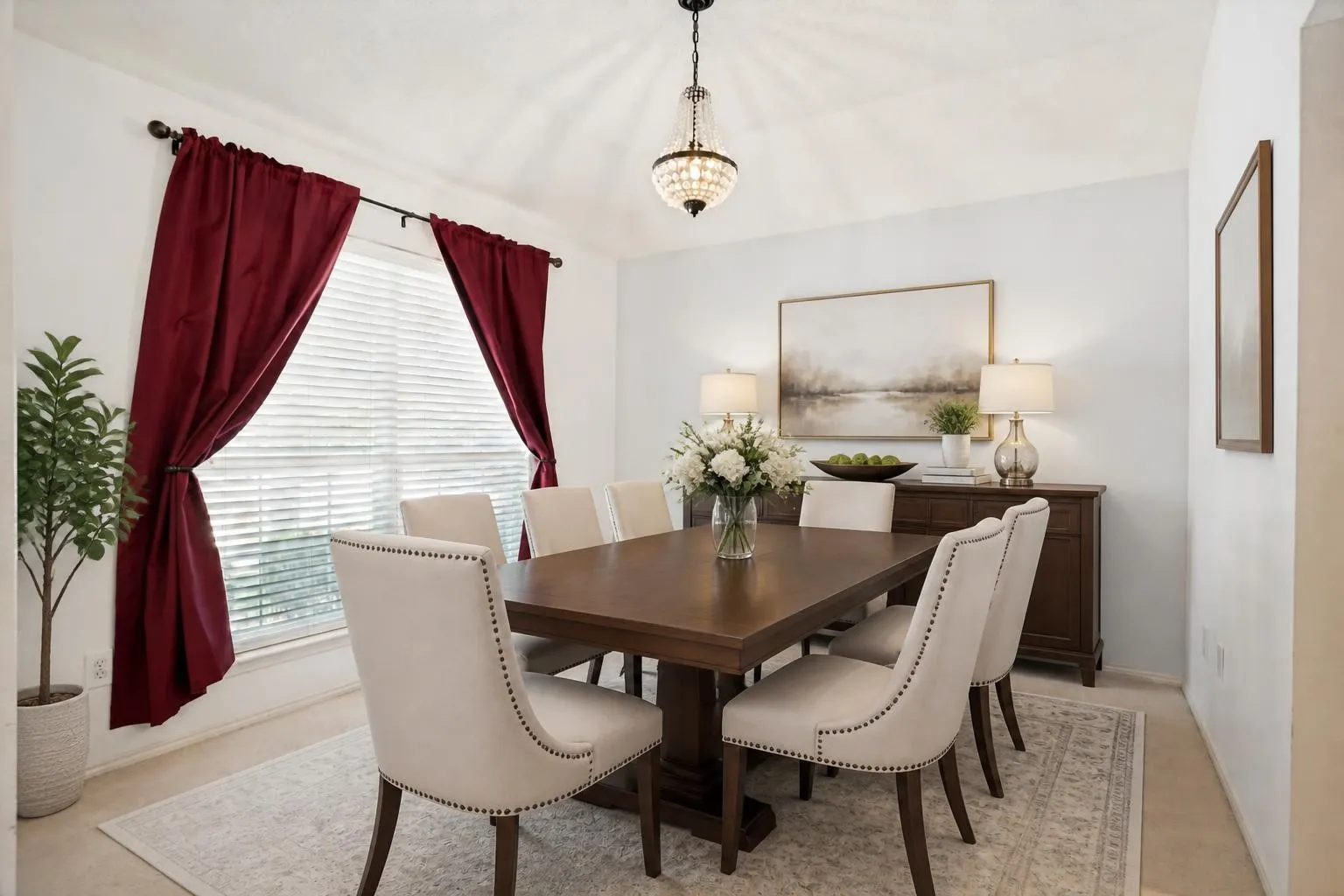 This large dining room can fit any sized table. Virtually staged formal dining room