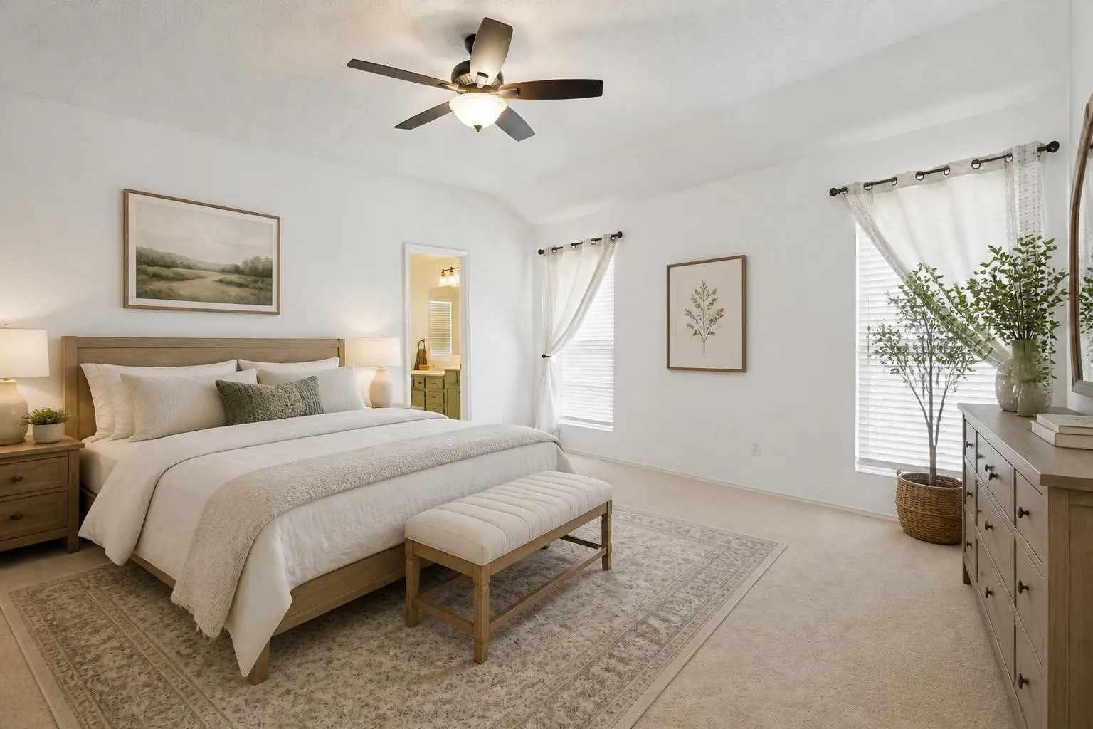 This primary bedroom can fit any size furniture. Virtually staged primary bedroom