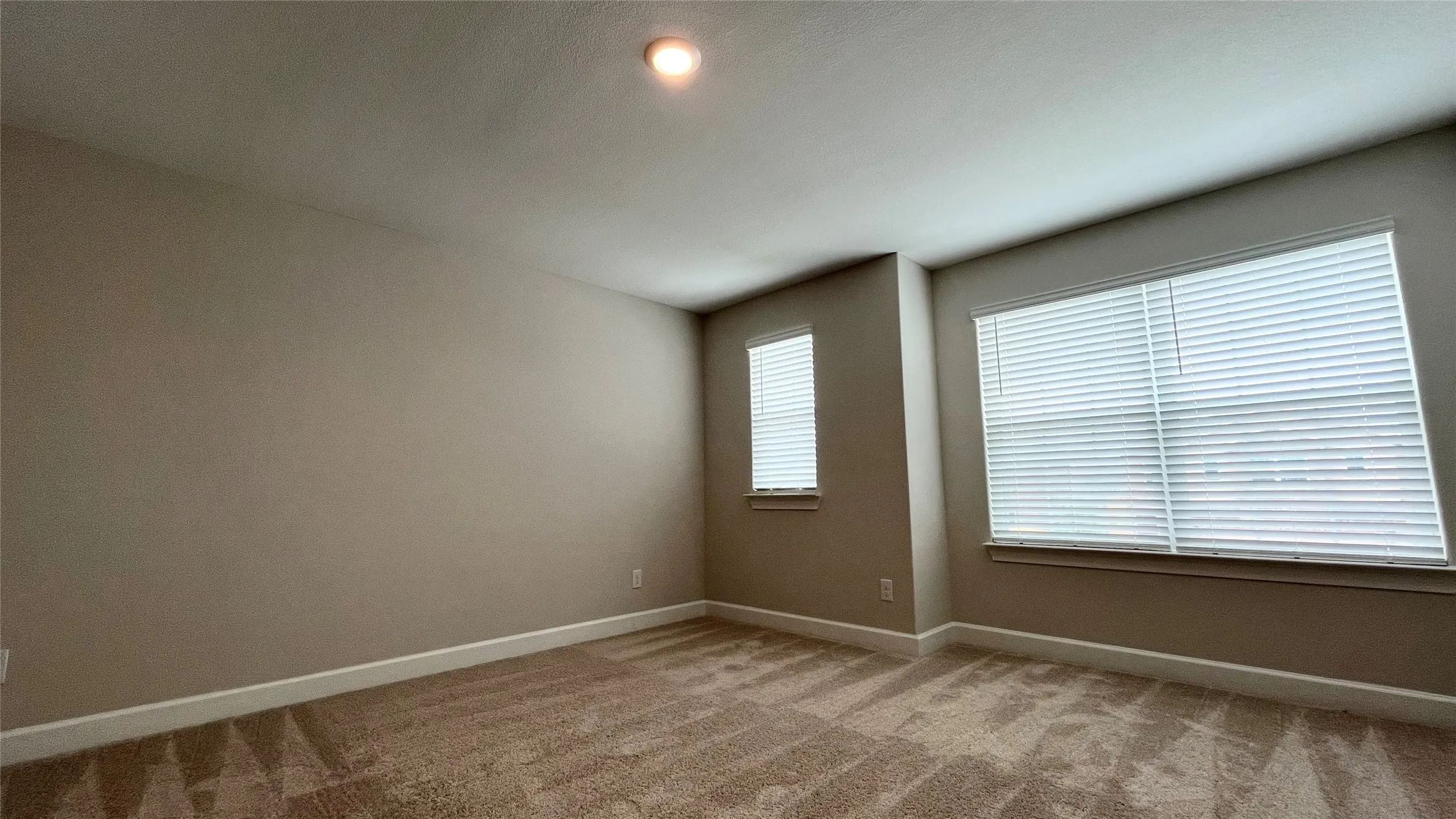 Carpeted flooring, recessed lighting, and multiple windows with blinds