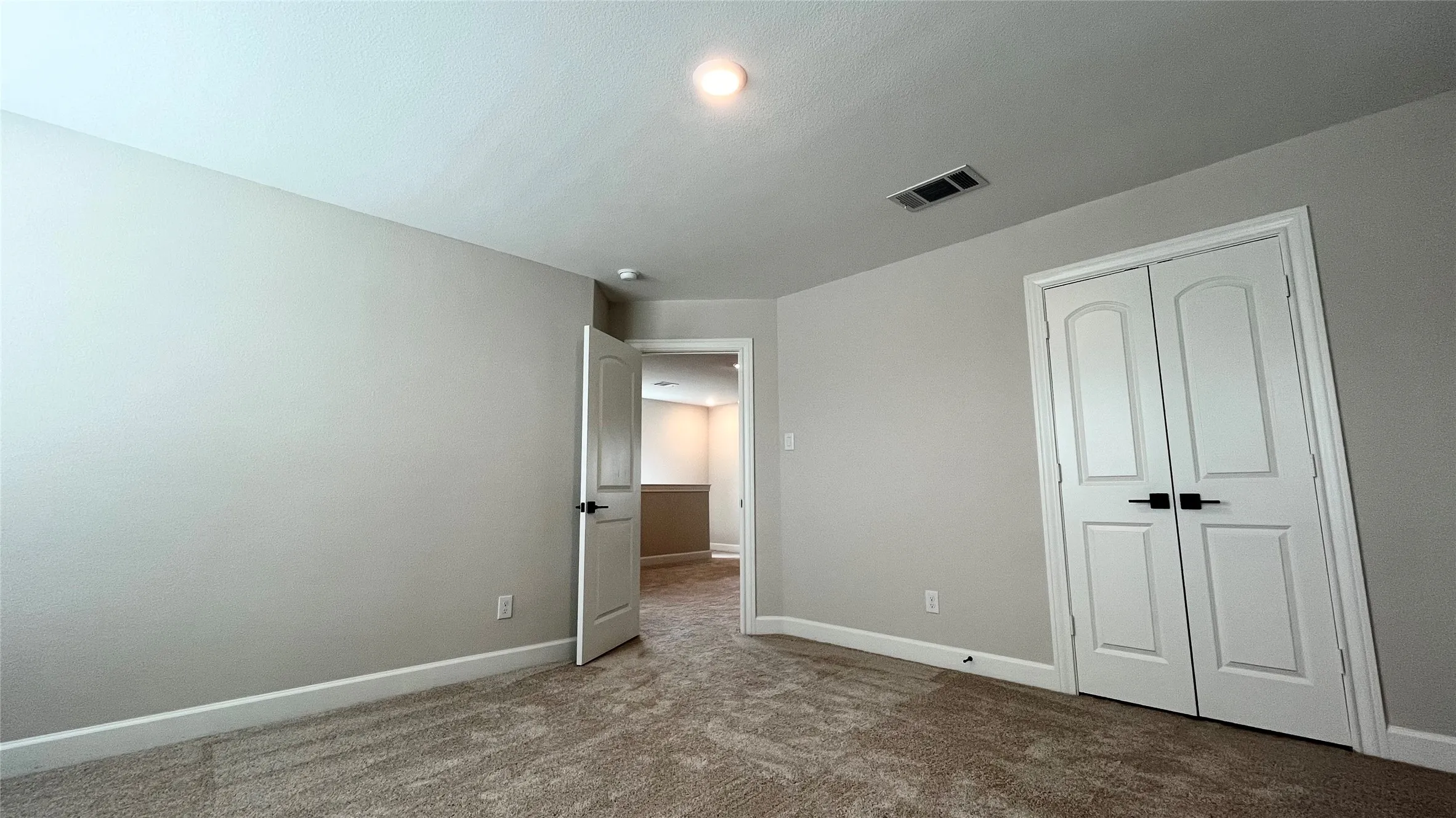 Neutral painted walls with white trim, carpeting, and a ceiling light fixture