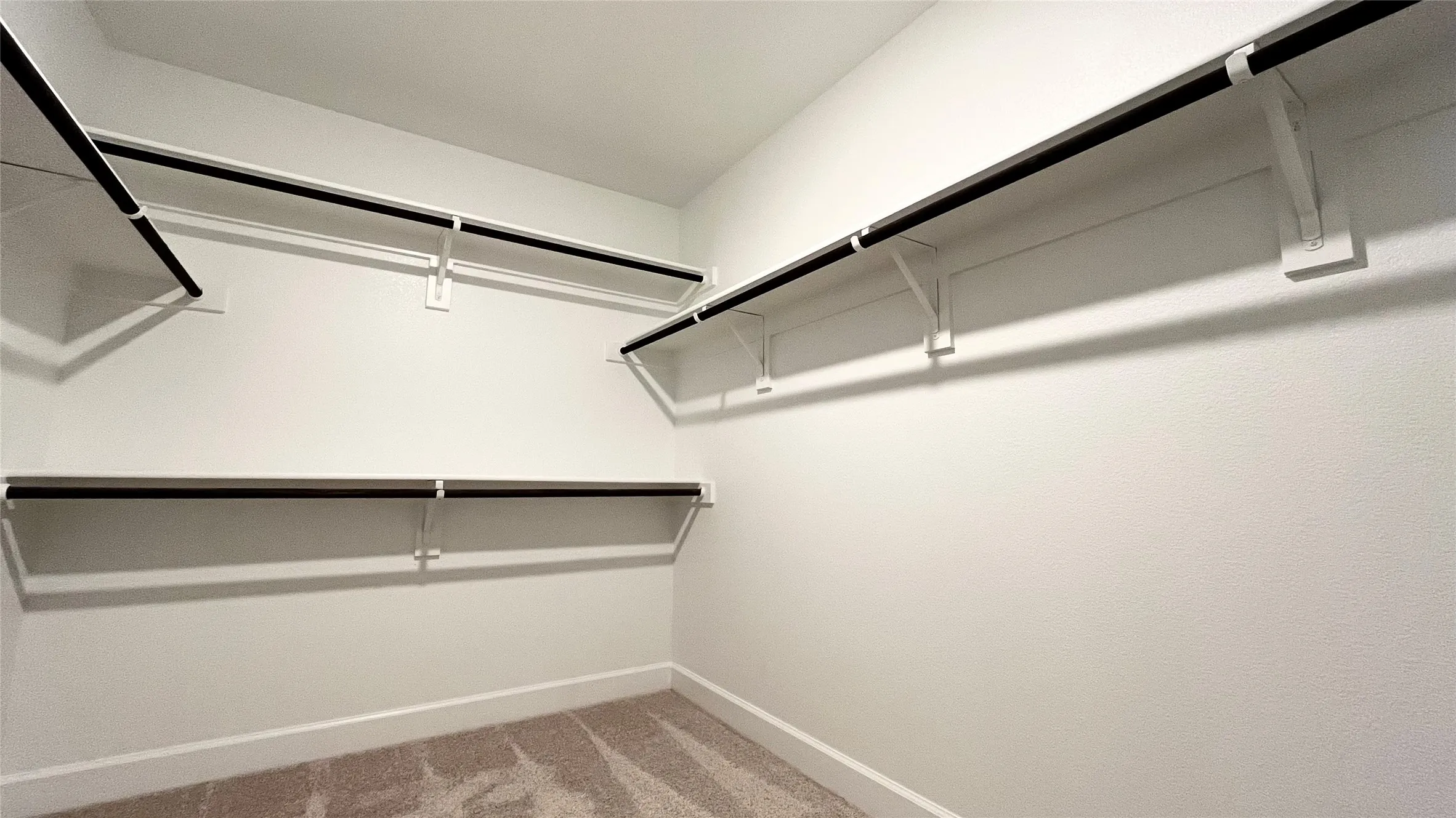 Walk-in closet featuring white walls, carpet flooring, and multiple built-in shelving units with hanging rods