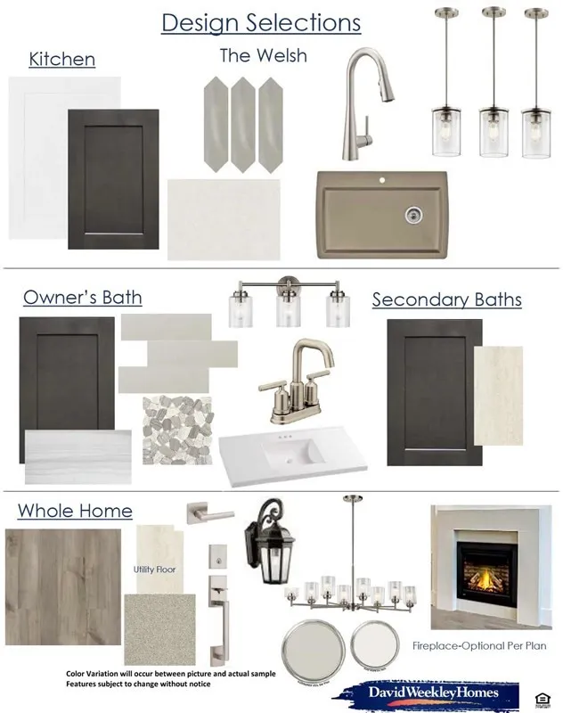 Design Selections. Outlining material and fixture options for various areas of the property