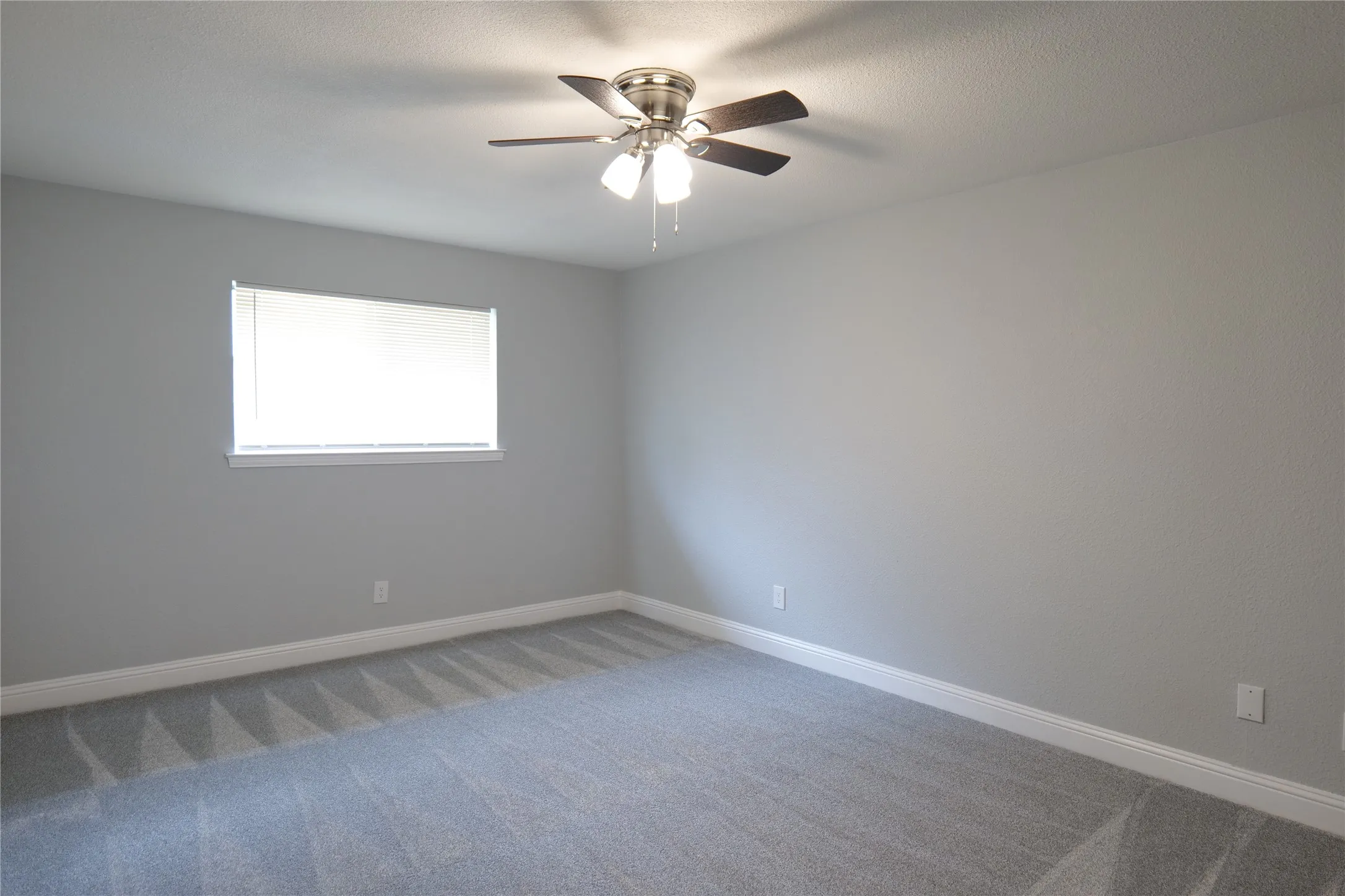 Neutral wall paint, ceiling fan with integrated lighting, window with blinds, and carpeting