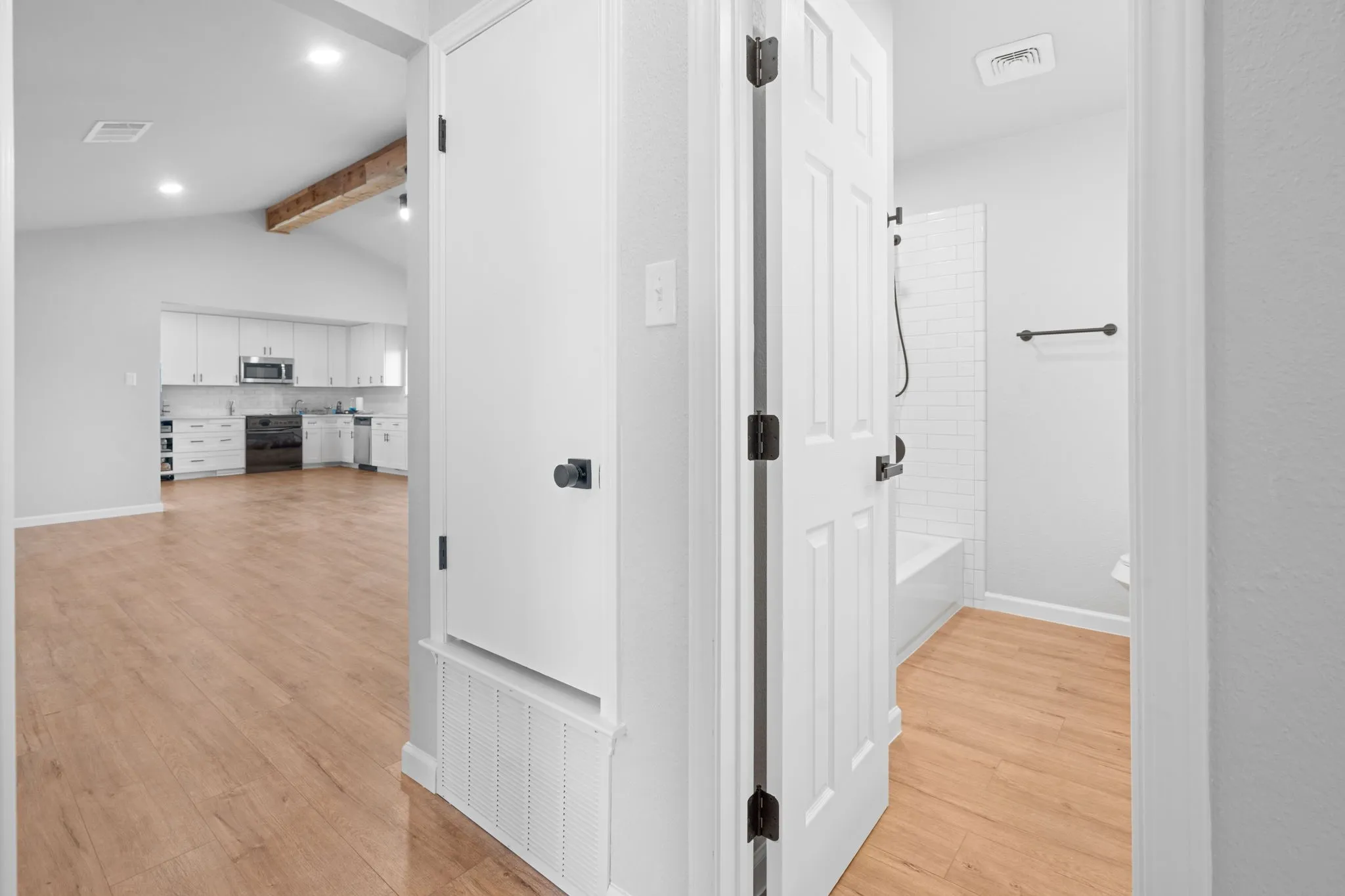 Wood-finish flooring throughout