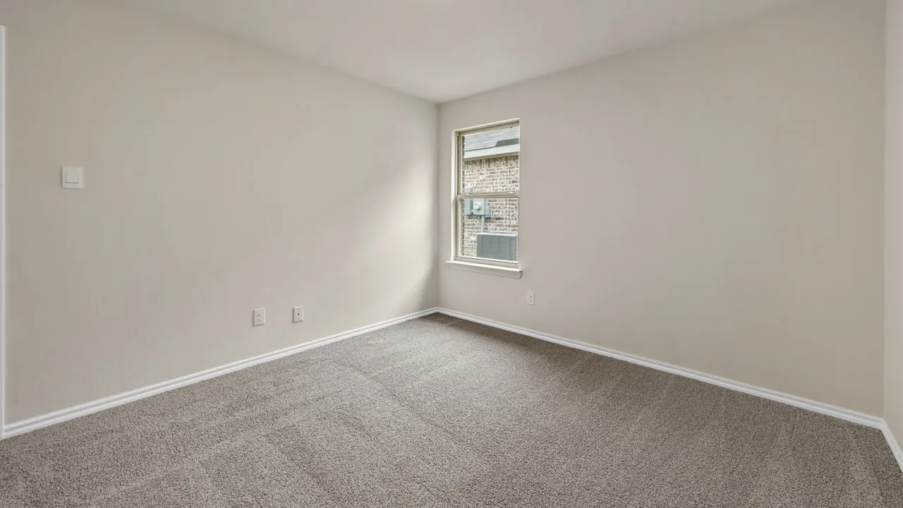 Neutral wall paint, carpet flooring, and a single window