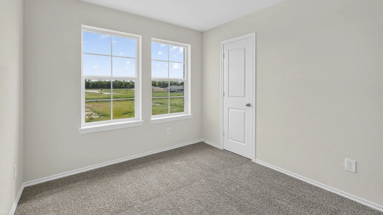 Two double-hung windows with white frames, a white paneled door, and neutral-toned wall paint