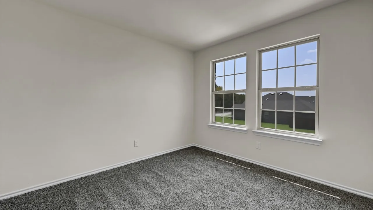 Spacious room with dual double-hung windows, plush gray carpeting, and neutral wall tones