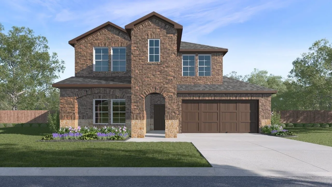 Two-story brick exterior with stone accents, arched entryway, and attached garage