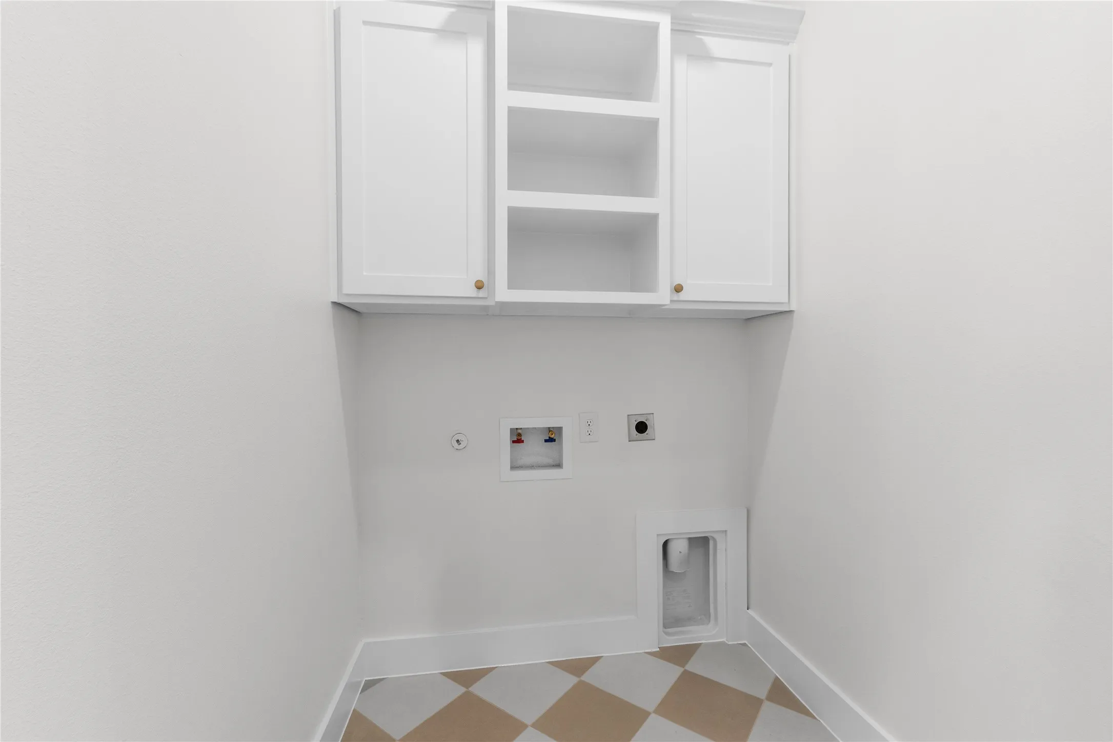 White shaker cabinetry with open shelving, checkerboard flooring, and white walls