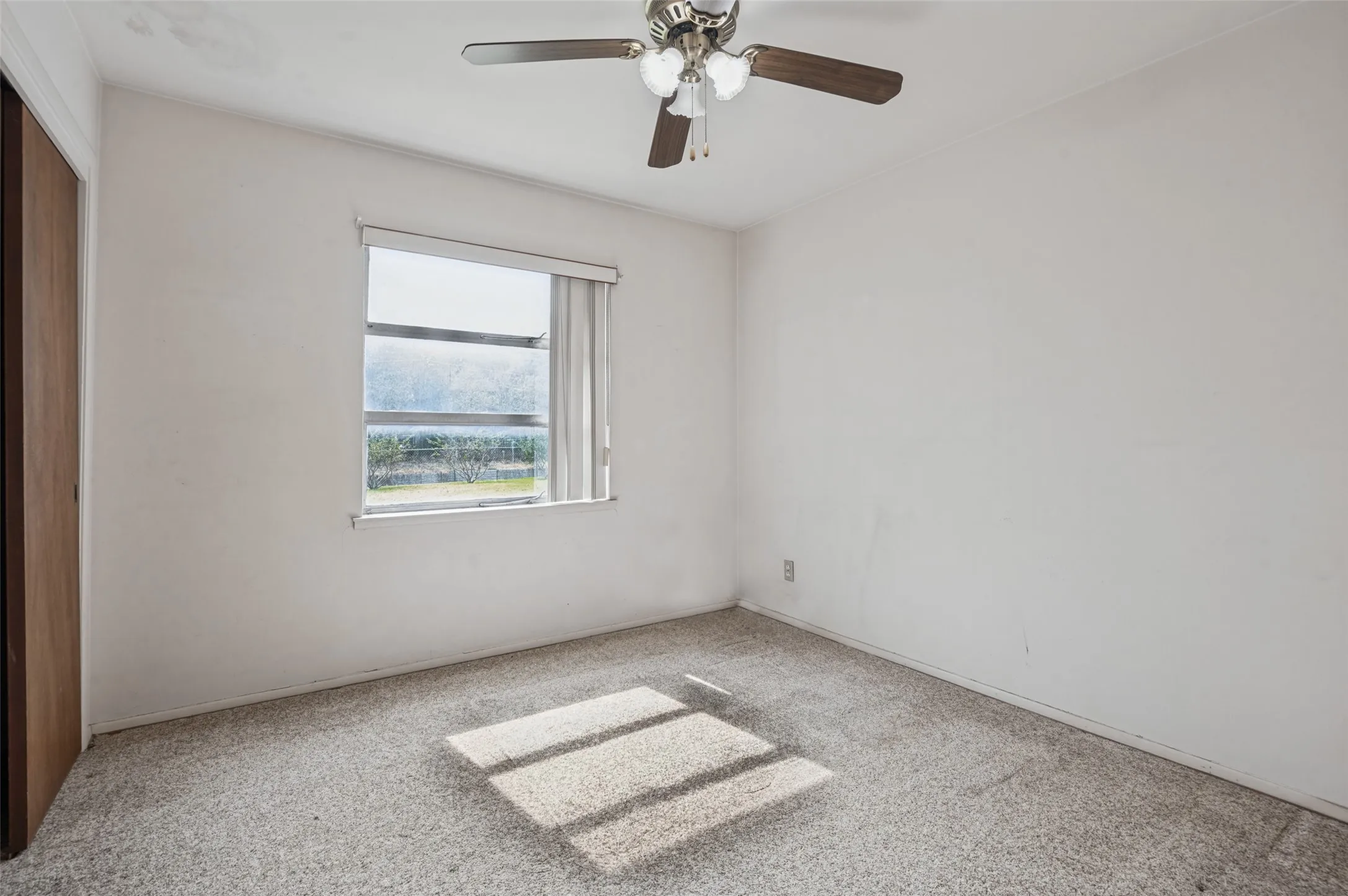 Window with horizontal blinds, ceiling fan with light fixture, light-toned wall paint, and carpeted flooring