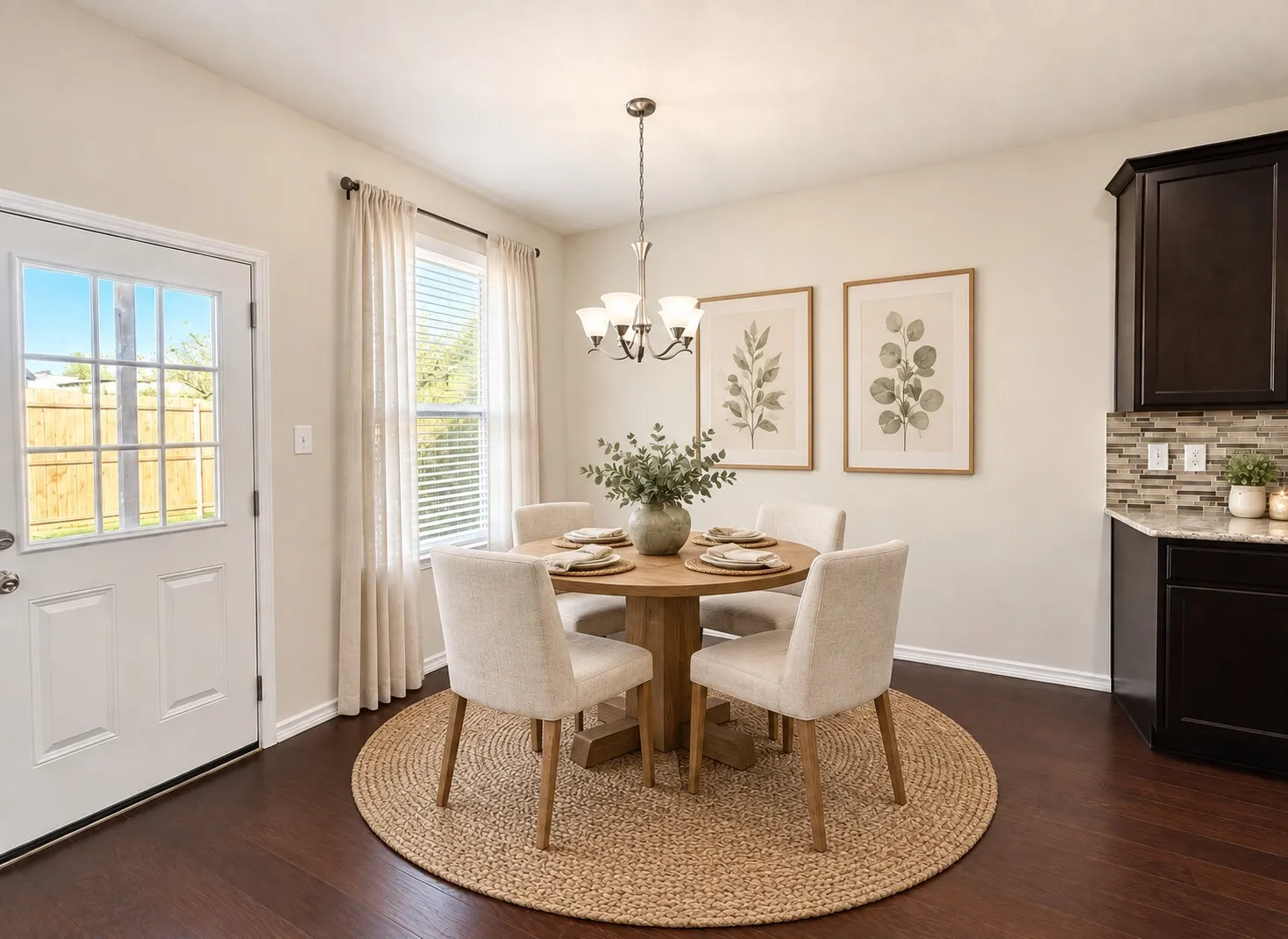 Wood-finish flooring throughout, a multi-pane glass-insert door, a window with blinds and sheer curtains, a kitchen area with dark cabinetry, and a mosaic tile backsplash