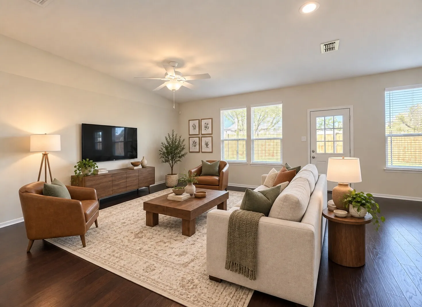 Expansive living area featuring dark wood-finish flooring, recessed lighting, and multiple windows with blinds