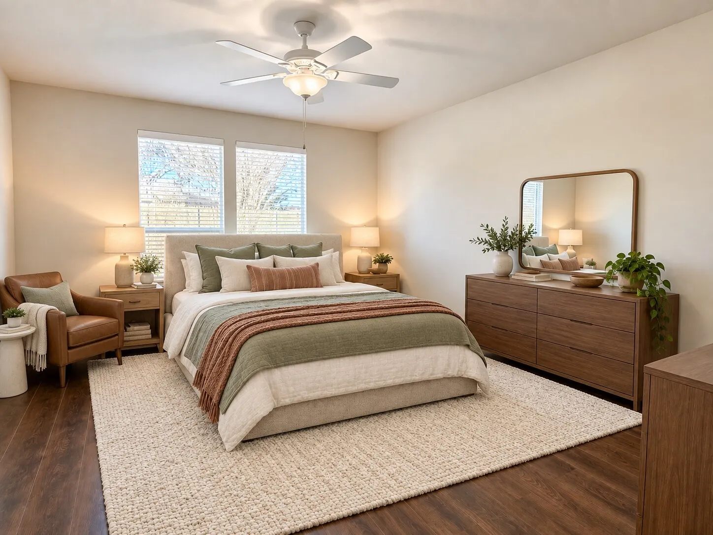 Wood-finish flooring, twin windows with blinds, ceiling fan, and light-toned wall paint