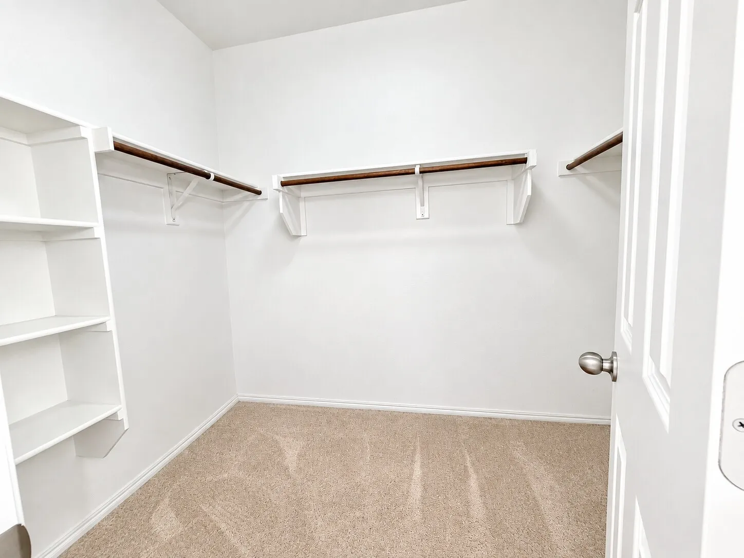 Built-in shelving, two clothing rods, light beige carpet, white paneled door, brushed nickel hardware