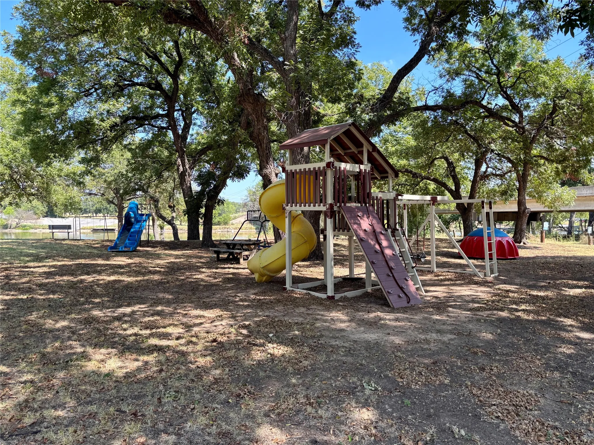 Expansive shaded outdoor area with mature trees and a dedicated play structure