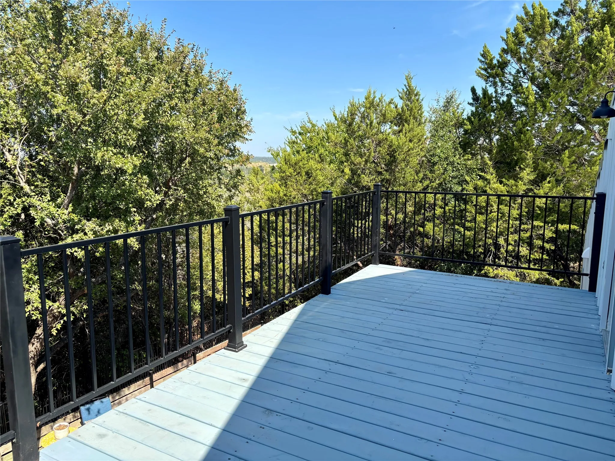 Second floor balcony, black metal railing, and surrounding mature trees. You can see the Brazos River from the balcony.