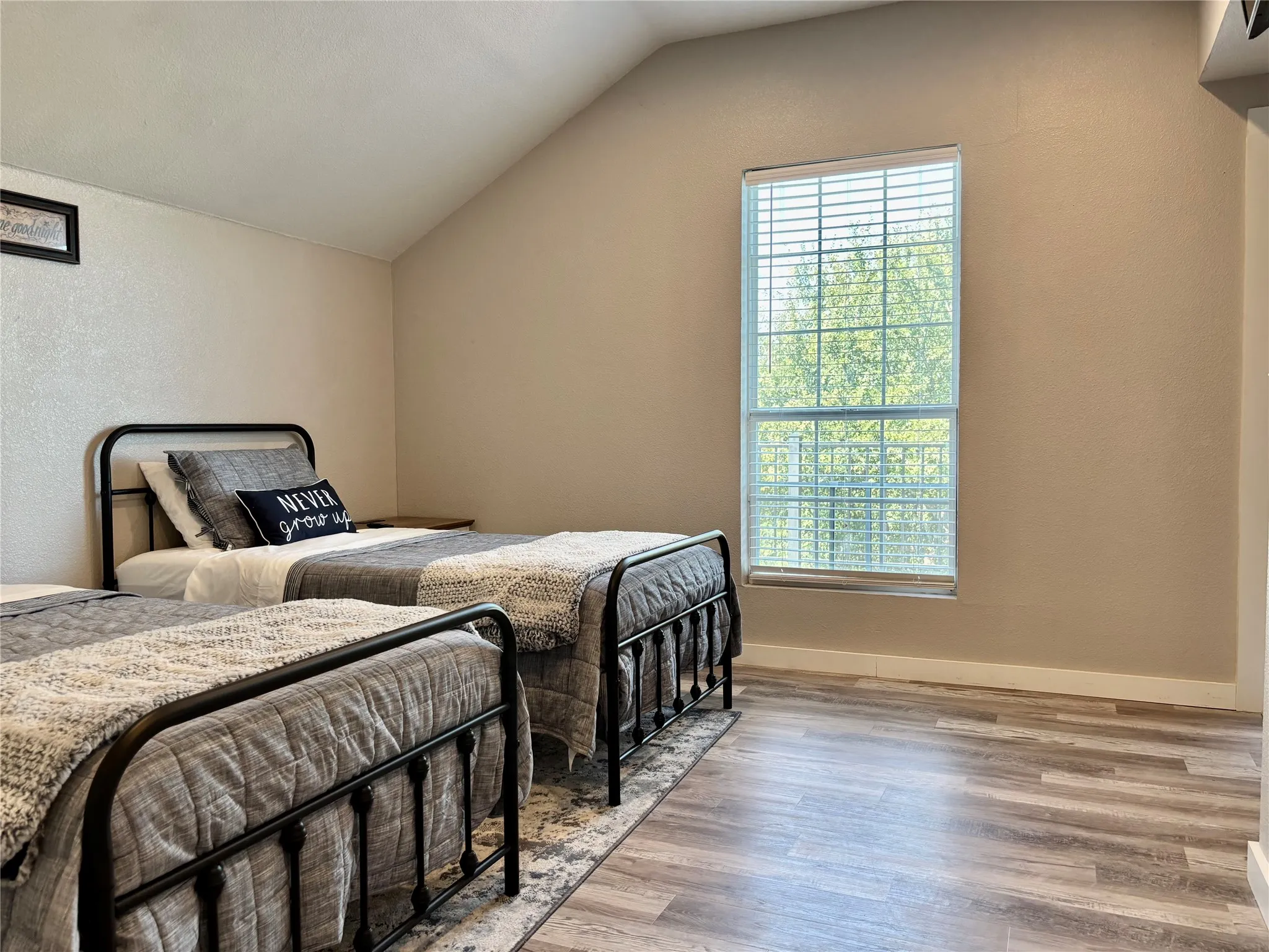 Vaulted ceiling with wood-finish flooring.