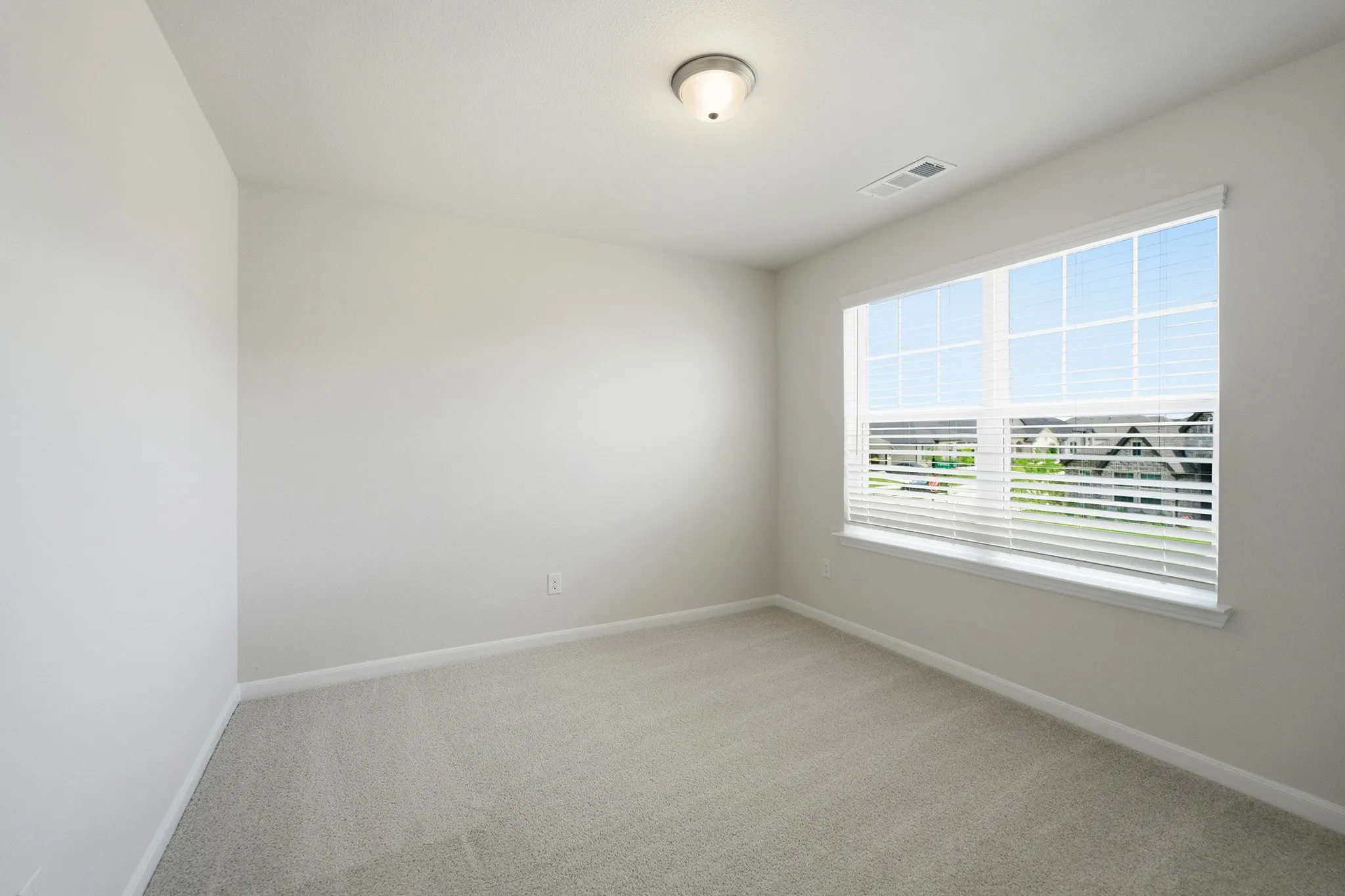 Neutral wall paint, carpet flooring, a large window with blinds, and a ceiling-mounted light fixture