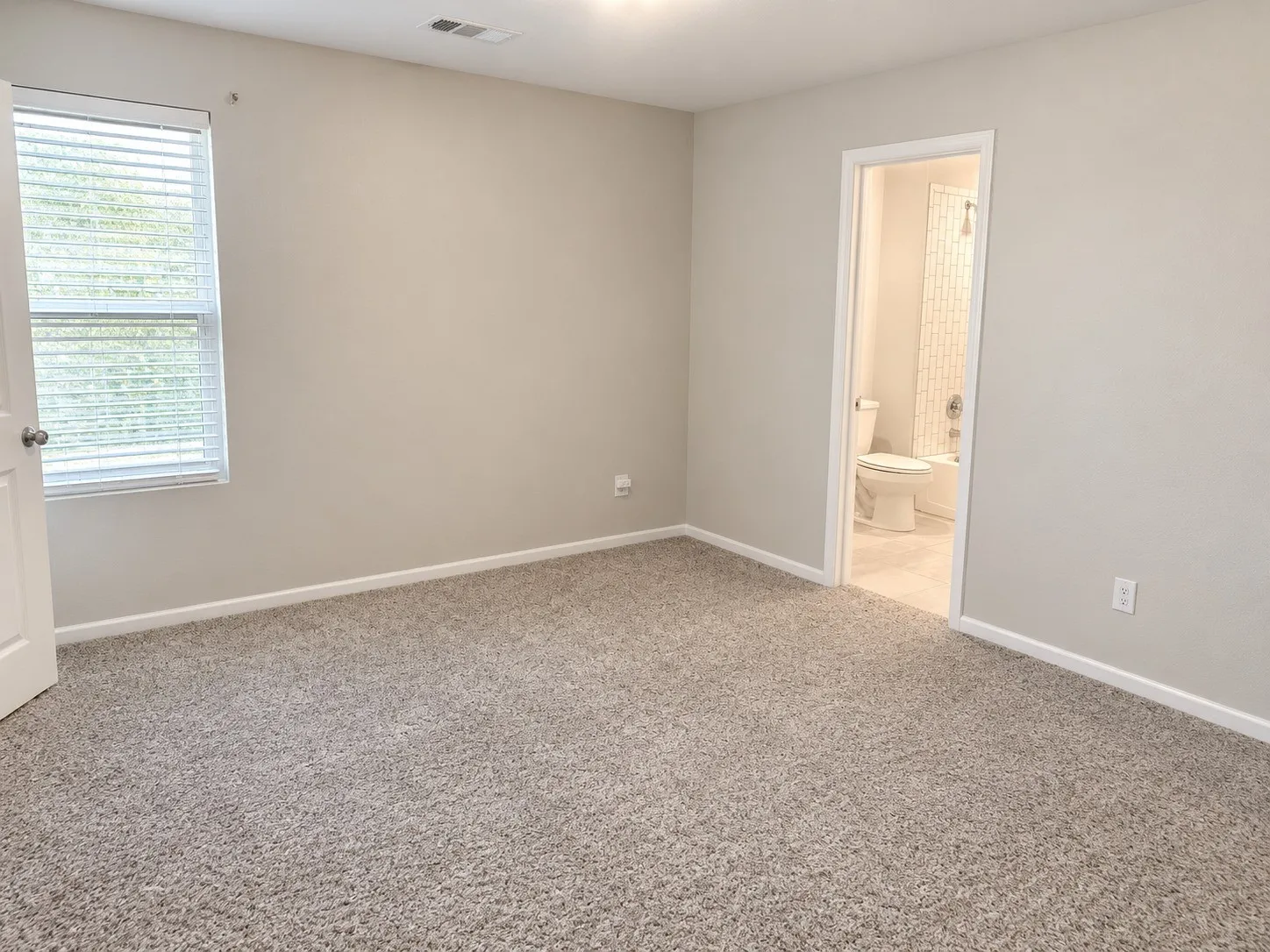 Neutral tone wall paint, carpeted flooring, window with blinds, and white door