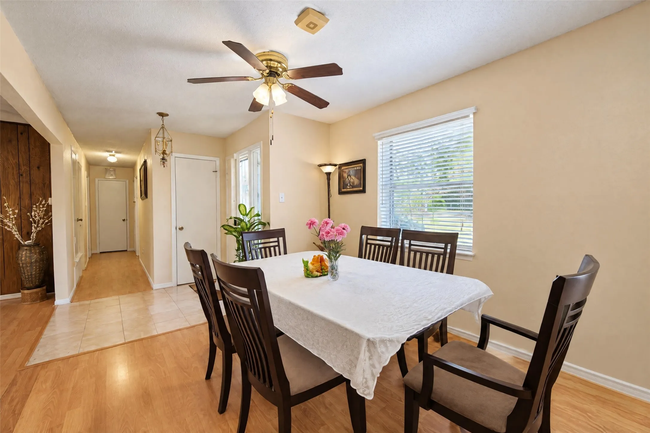 Wood-finish flooring with tile accents