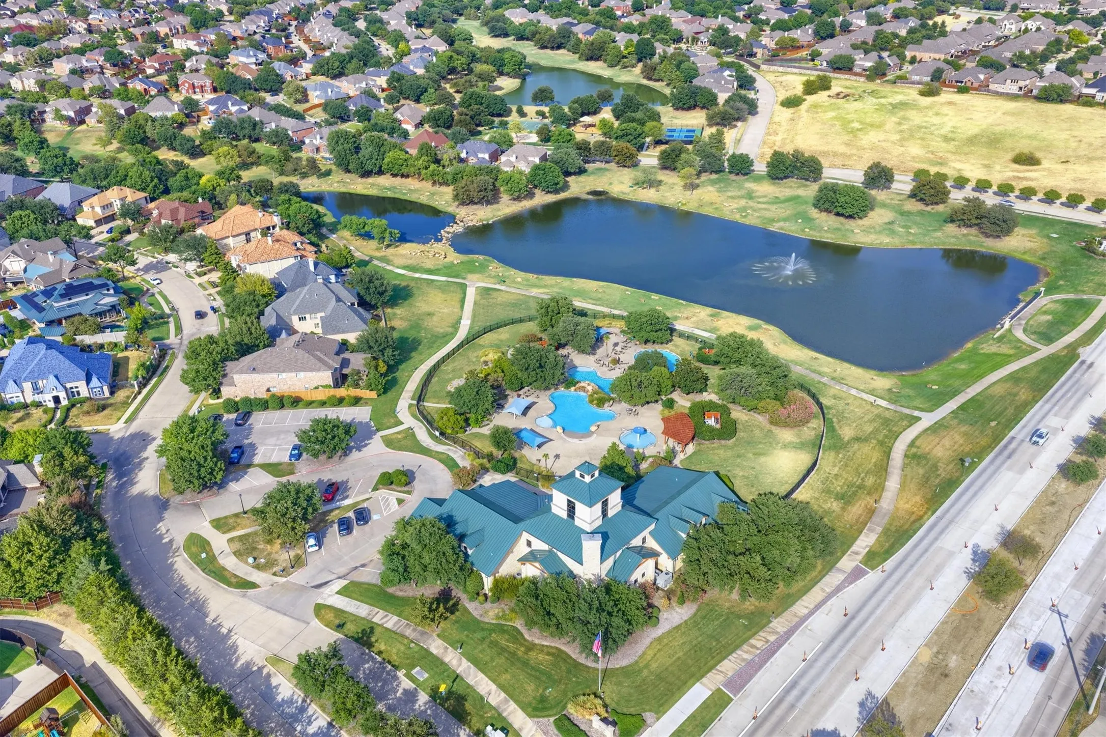 Community clubhouse and lake