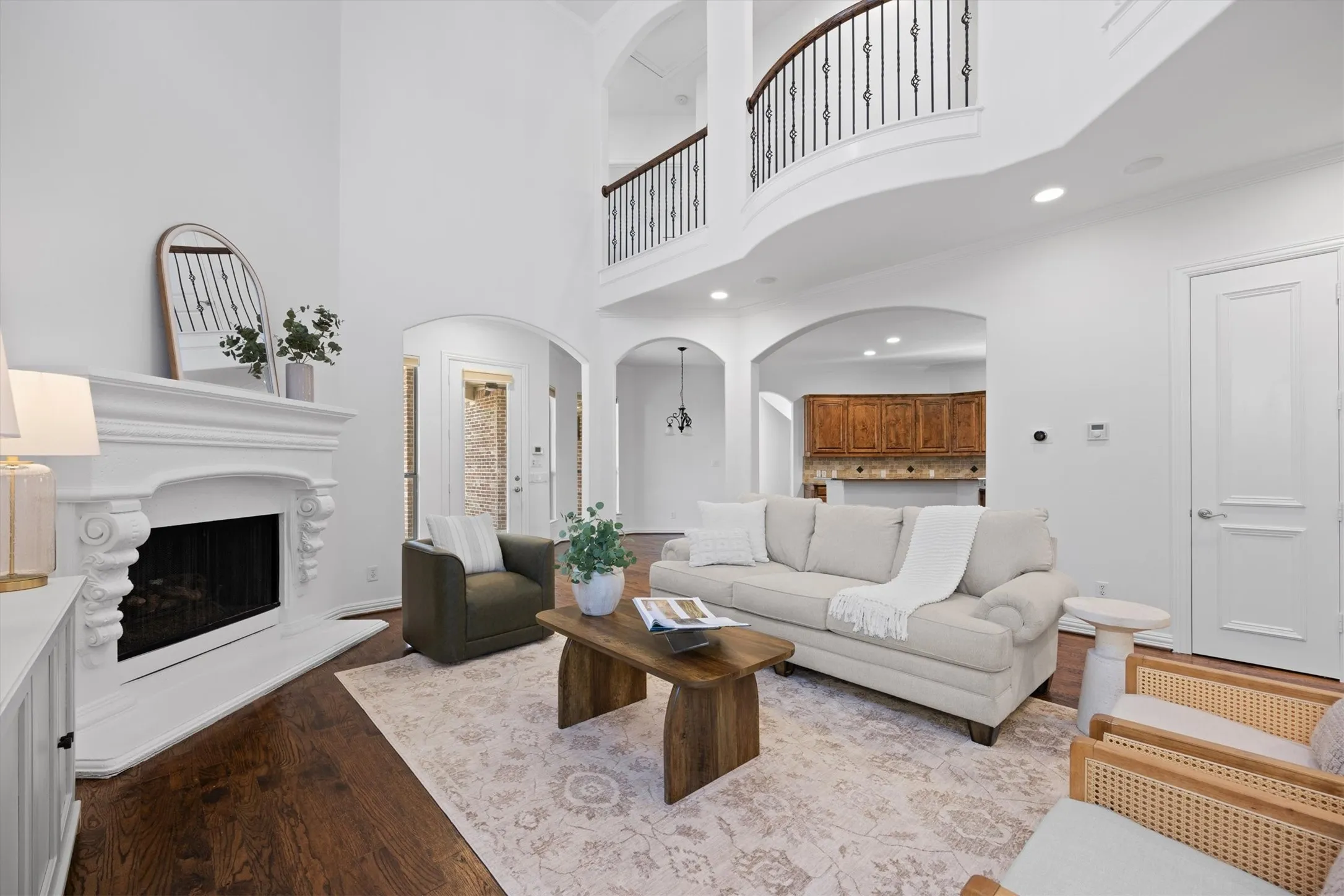 Stone fireplace and beautiful hardwood floors.