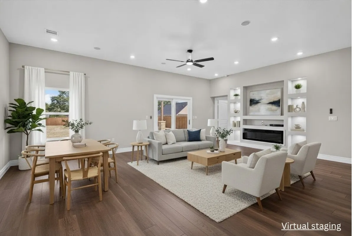 Wood-finish flooring throughout, recessed lighting, and a ceiling fan