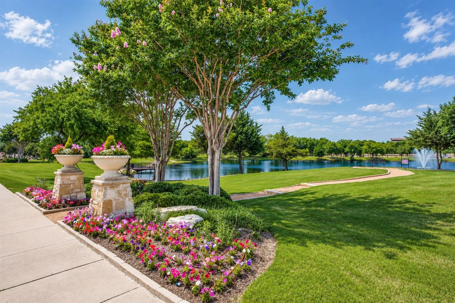 Manicured lawn with a winding pathway, mature trees, and an ornamental water feature