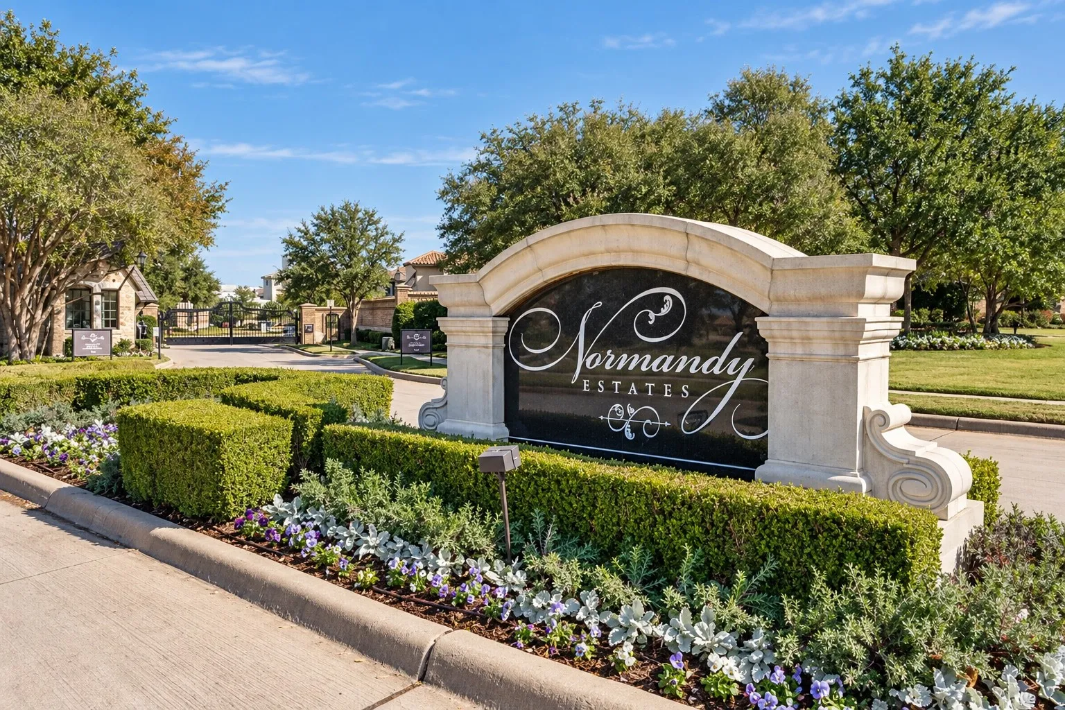 Community entry sign with a decorative stone arch and elegant script, surrounded by manicured hedges and vibrant seasonal plantings