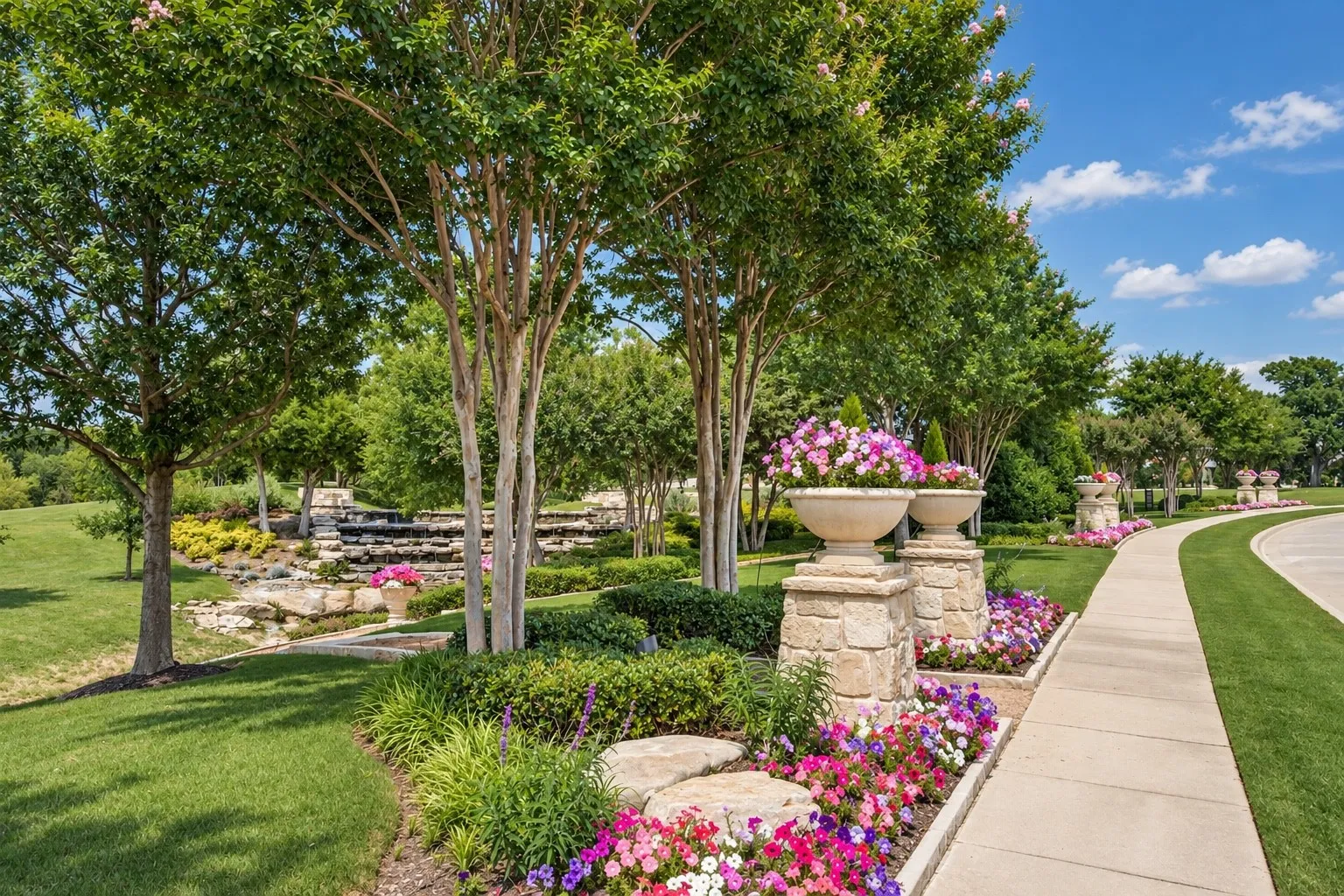 Manicured landscaping featuring a stone water feature, mature trees, and a paved pathway