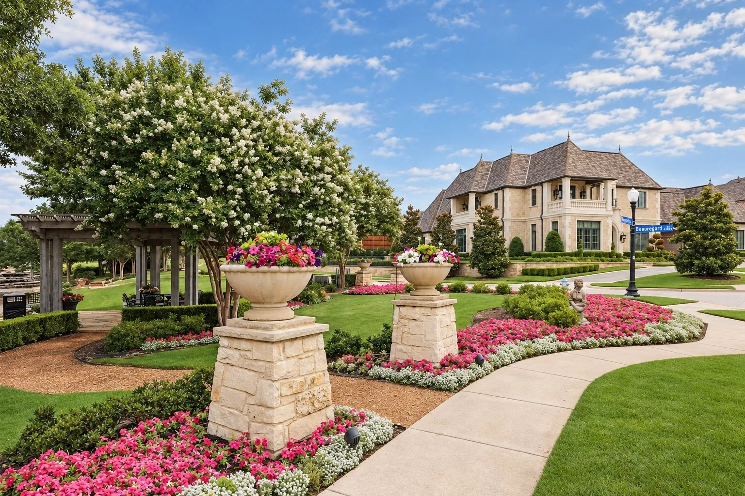 Manicured landscaping with flowering shrubs, a paved pathway, and stone planters with vibrant blooms