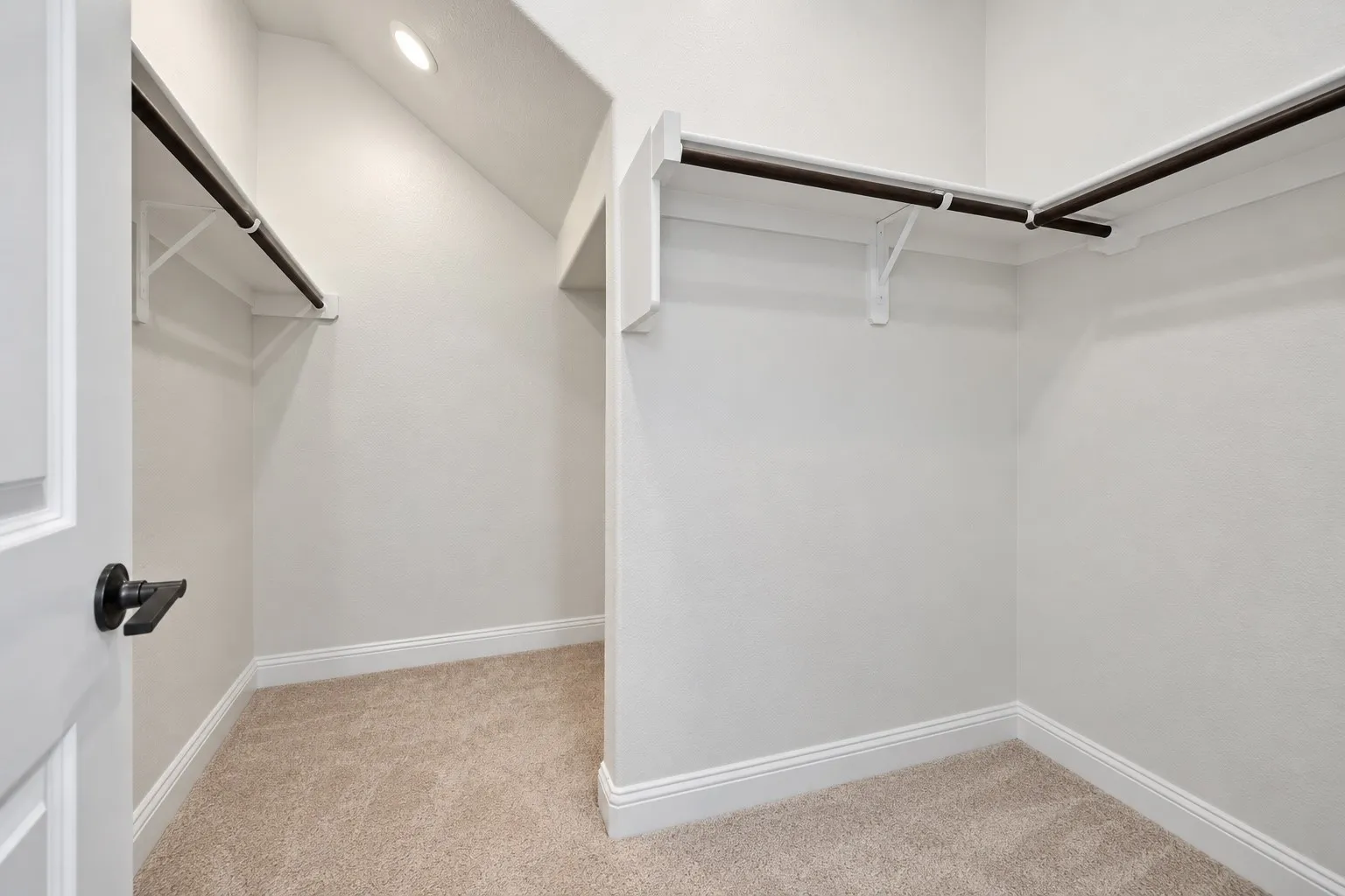 Primary closet. Walk-in closet with carpet flooring, white walls, and built-in clothes rods