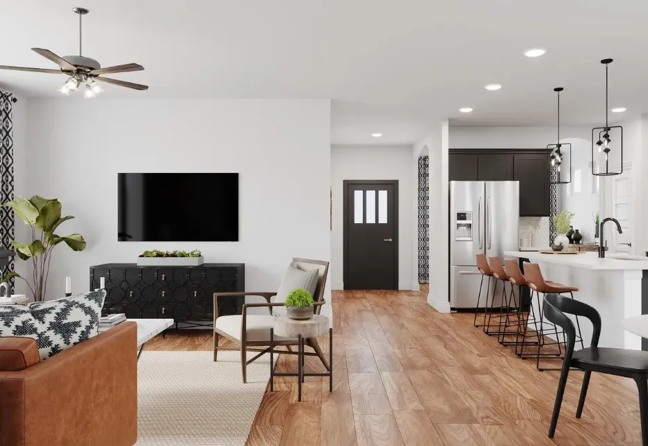 Hardwood-finish flooring, recessed lighting, ceiling fan, dark wood cabinetry, and stainless steel appliances